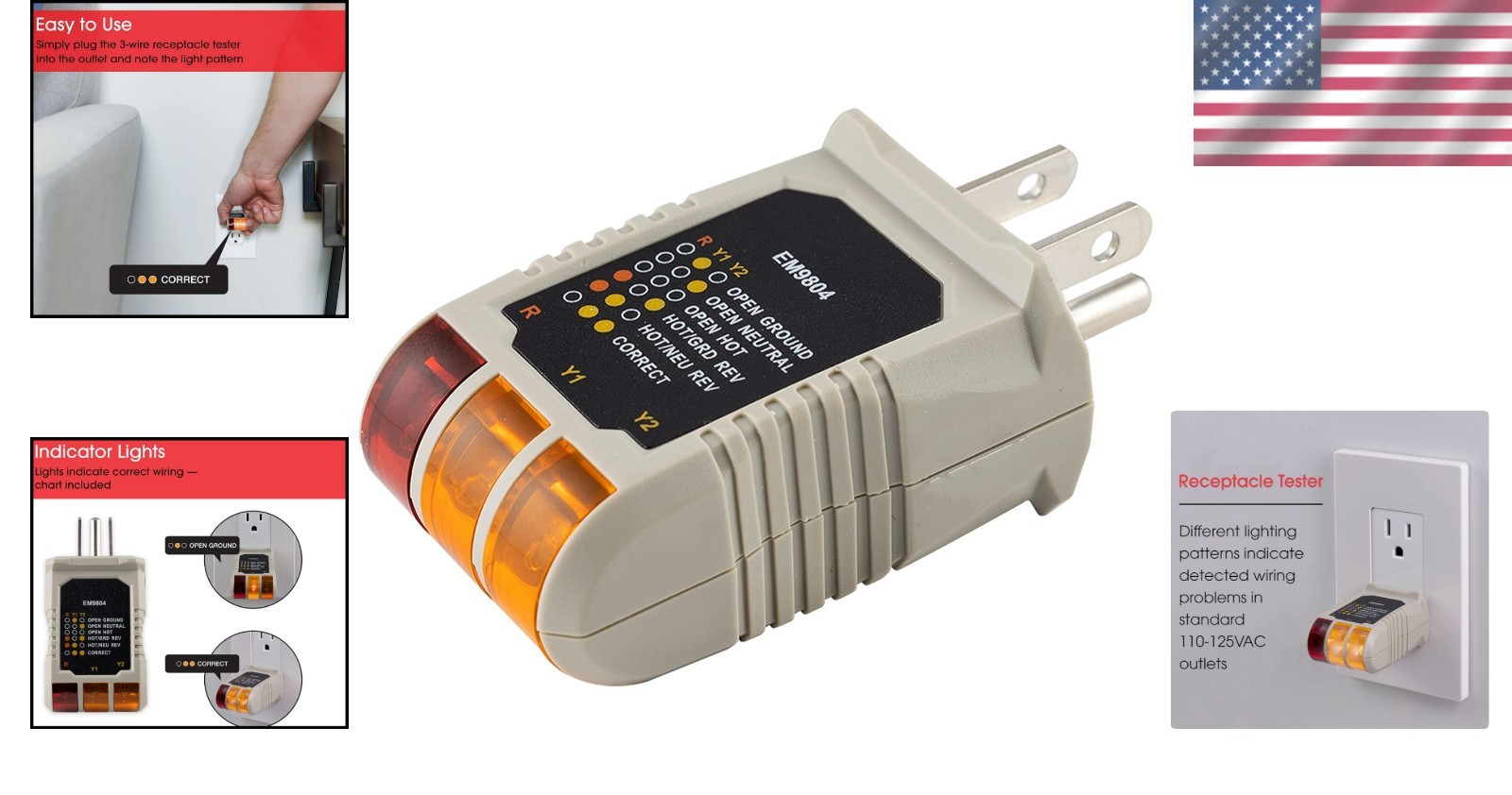 3-Wire Receptacle Tester, 110-125 VAC – Listed with 6 LED Visual Tests