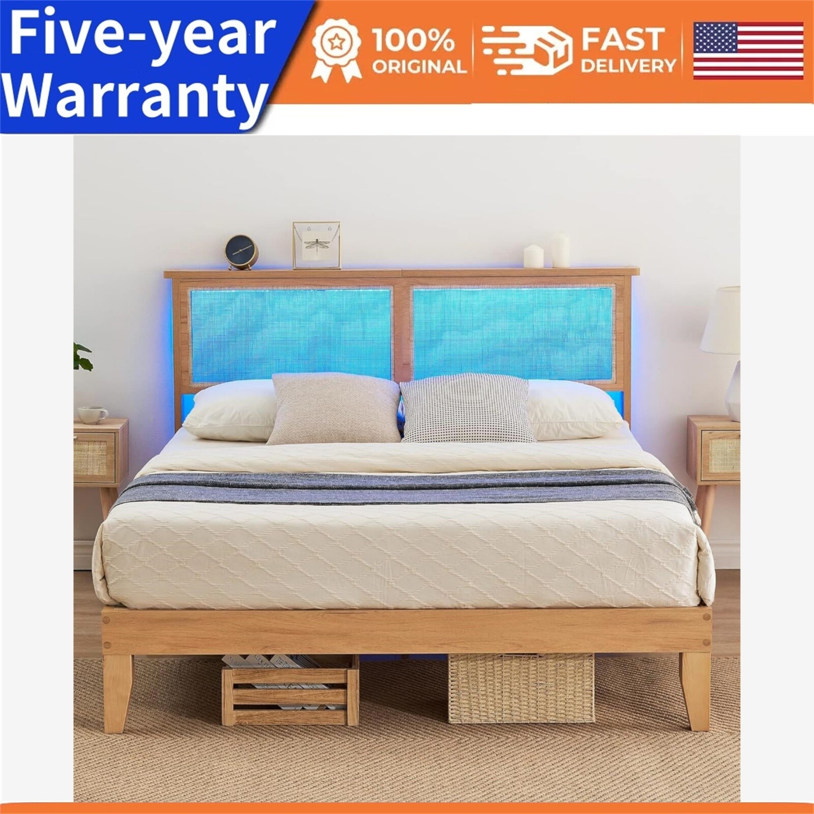 Full Rattan Bed Frame with Rattan Headboard and LED Lights Wooden Slats Supp