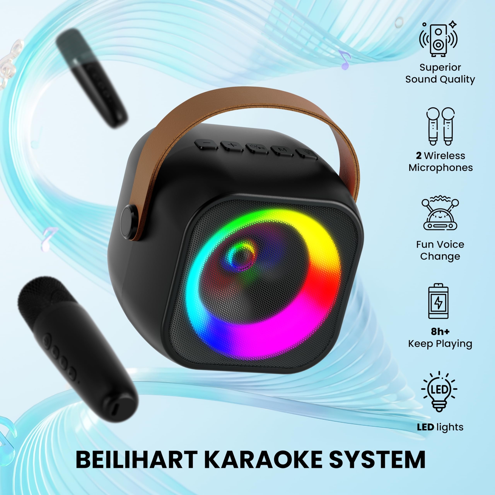 Mini Karaoke Machine, Portable Bluetooth Karaoke Speaker with 2 Wireless Micr...