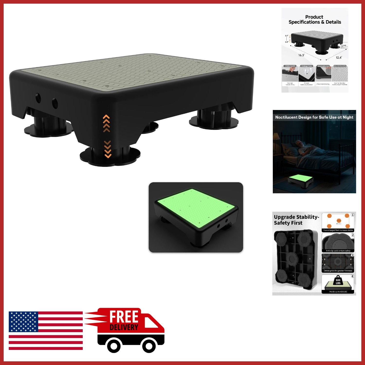 3-Step Adjustable Stool for Elderly Assistance Non-Slip Glow in Dark Design