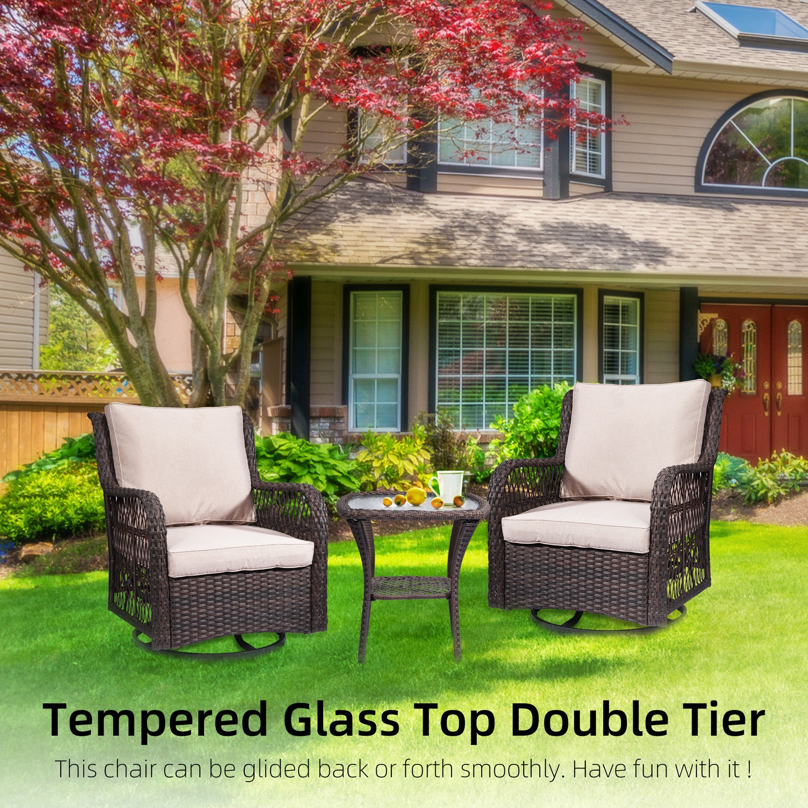3Pcs Patio Furniture Set, Outdoor Swivel Wicker Chairs, with Rattan Side Table