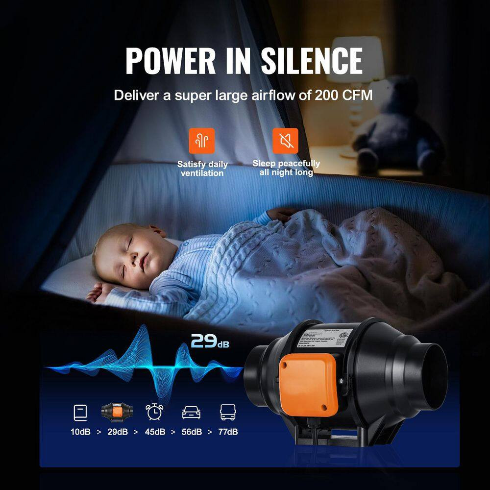 Inline Duct Fan 4-In. 200 CFM with Variable Speed Controller Quiet Ac-Motor Vent