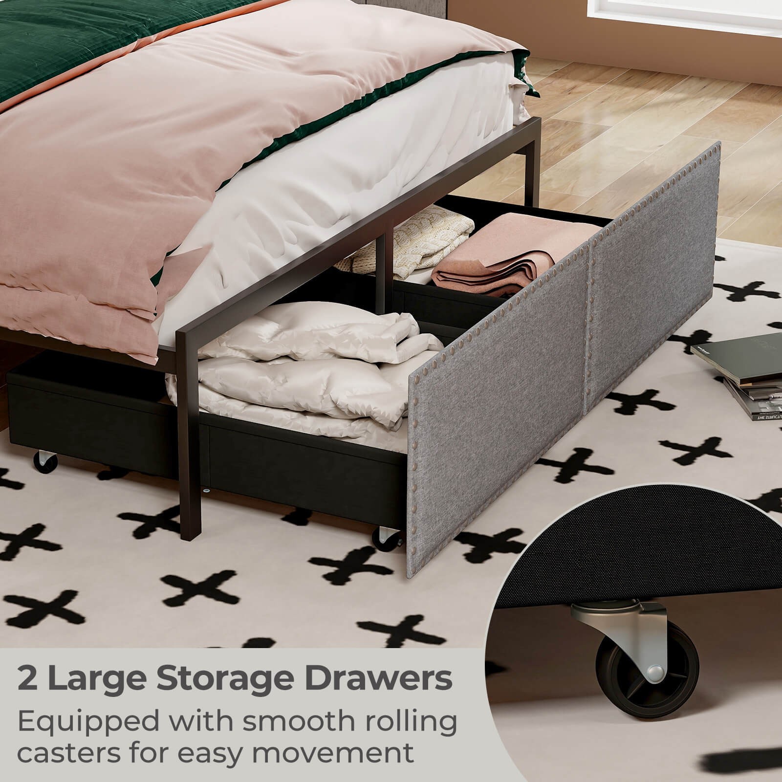 Full Size Bed Frame with 2 Storage Drawers LED Lights Slats Support Modern