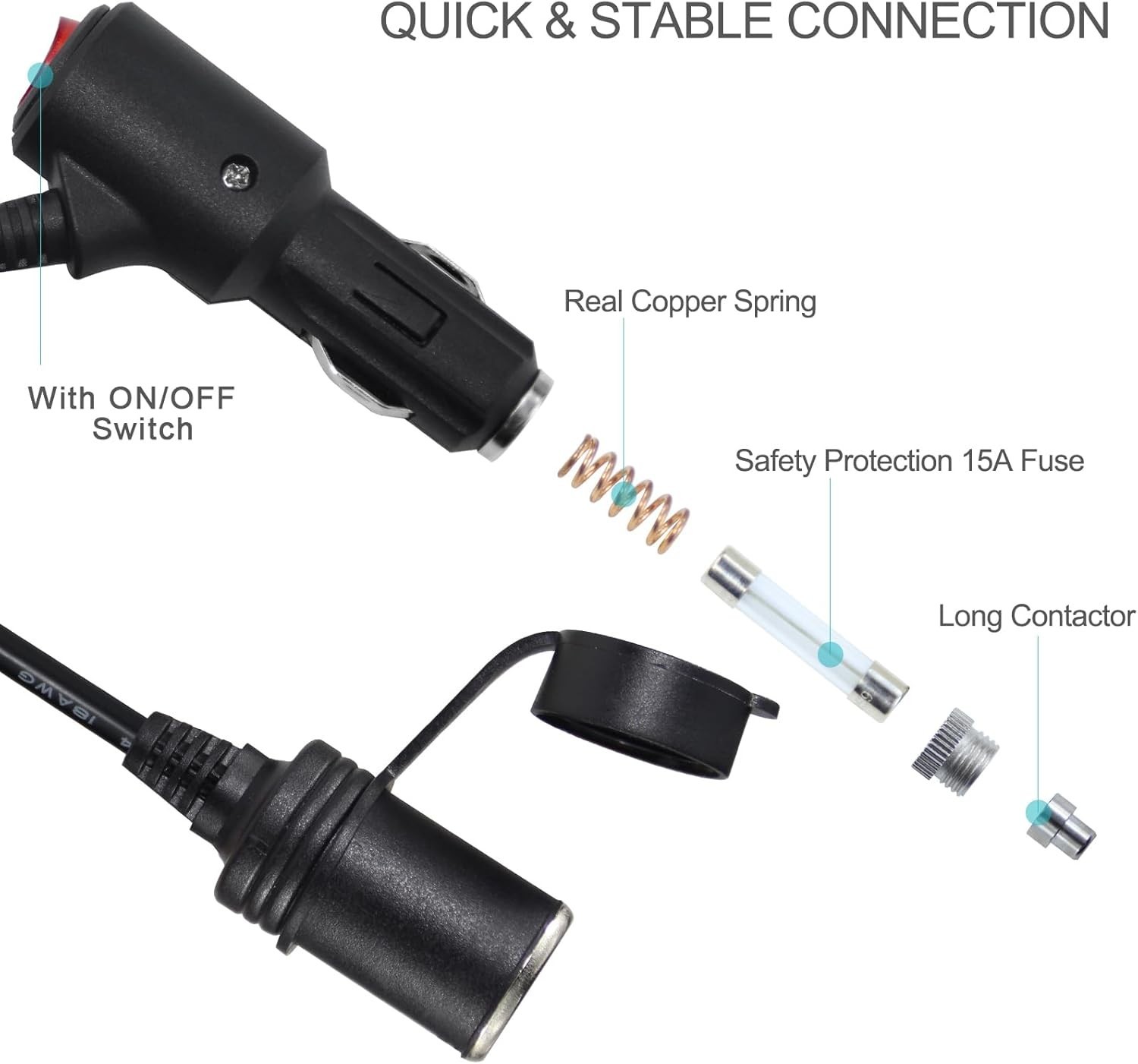 Car Cigarette Lighter Extension Cord 3FT with Safety Switch & LED Power Light