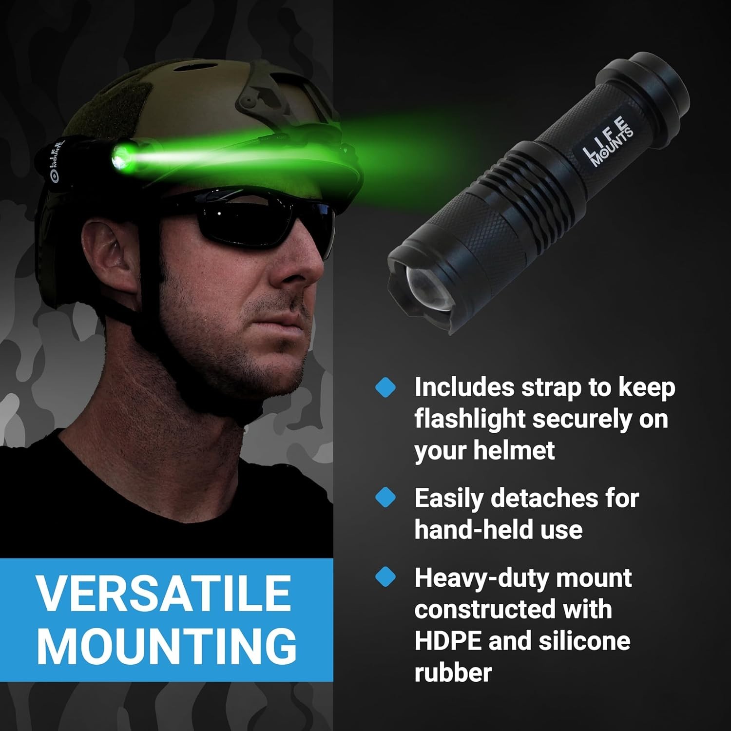 Quick-Detach Tactical Helmet Flashlight - Hands-Free Green LED Mounting System