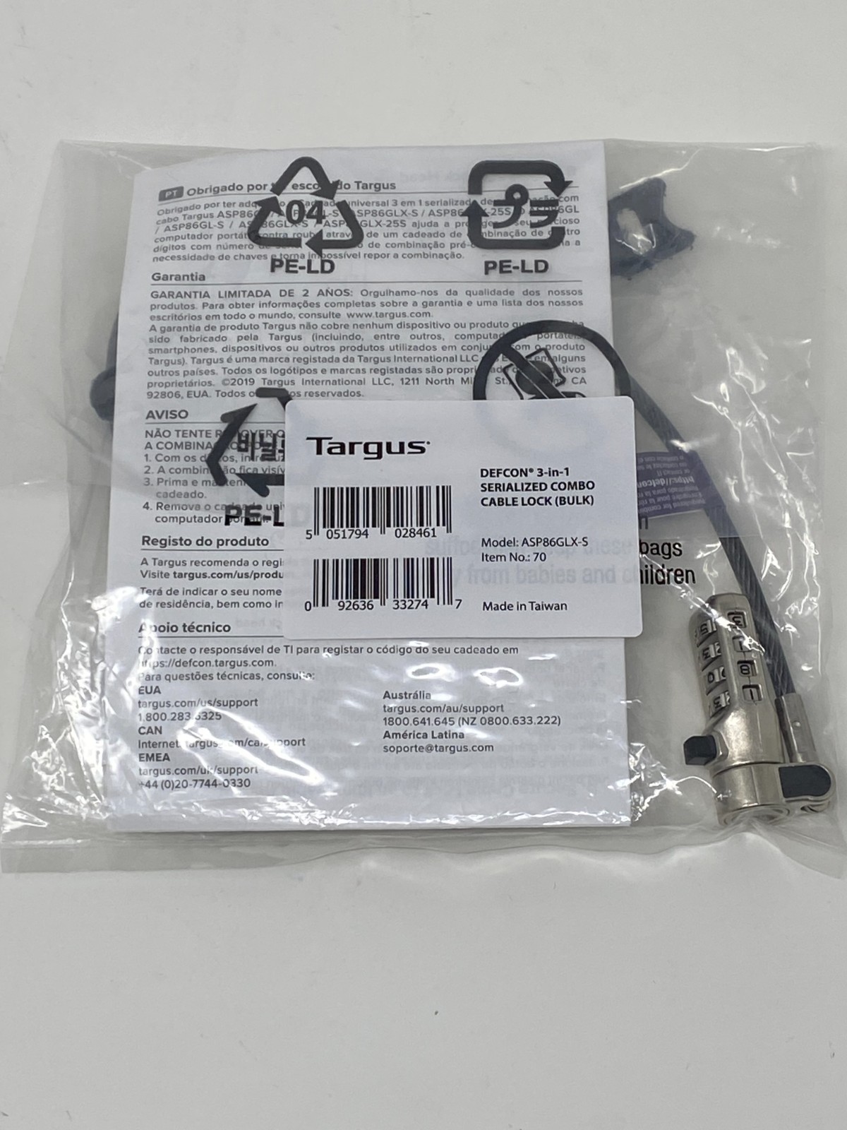 Targus Defcon 3-in-1 Serialized Combo Cable Lock ~ Model ASP86GLX-S
