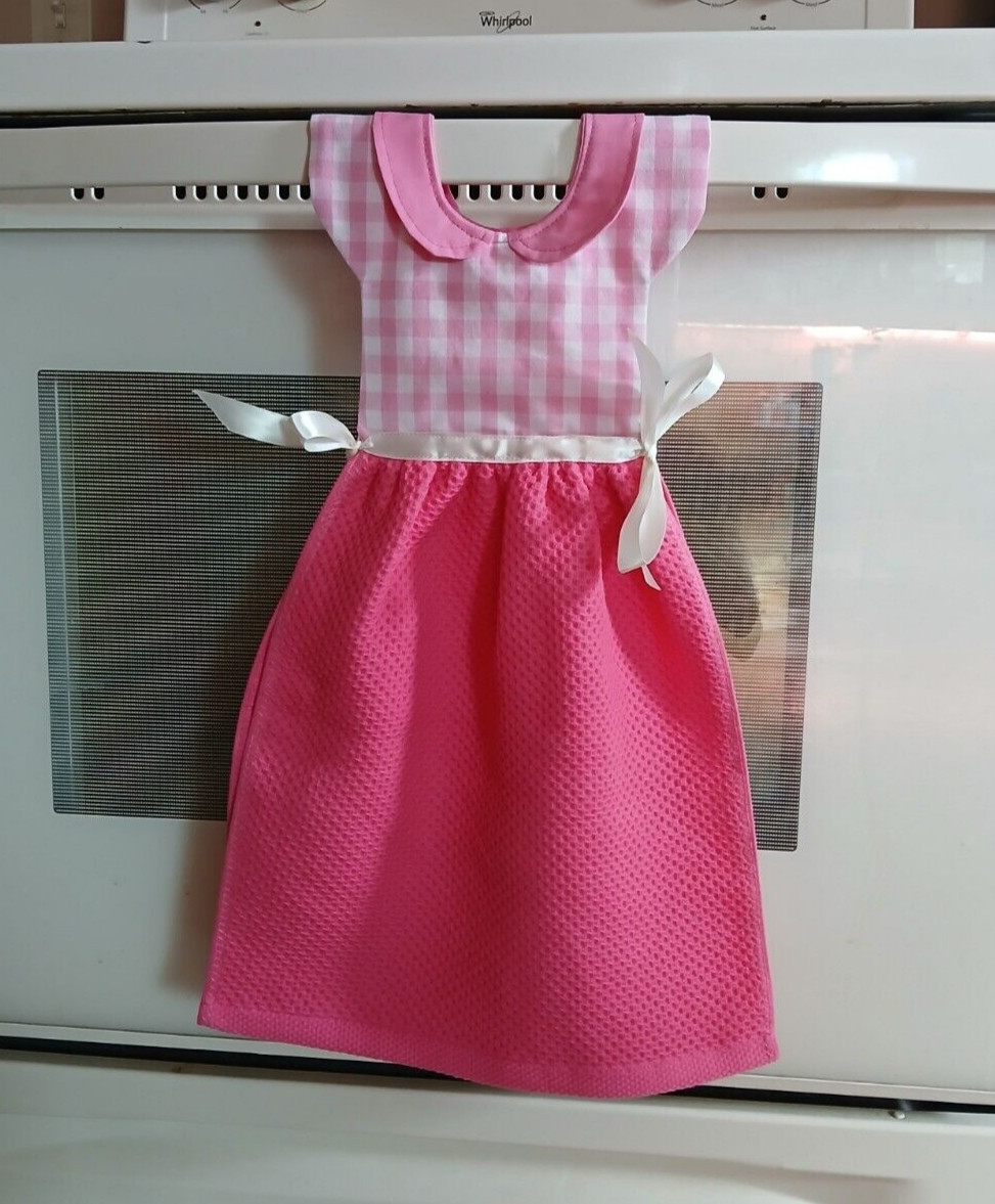 Handmade Hanging Oven Door Towel Dress, Pink and White Gingham Homespun