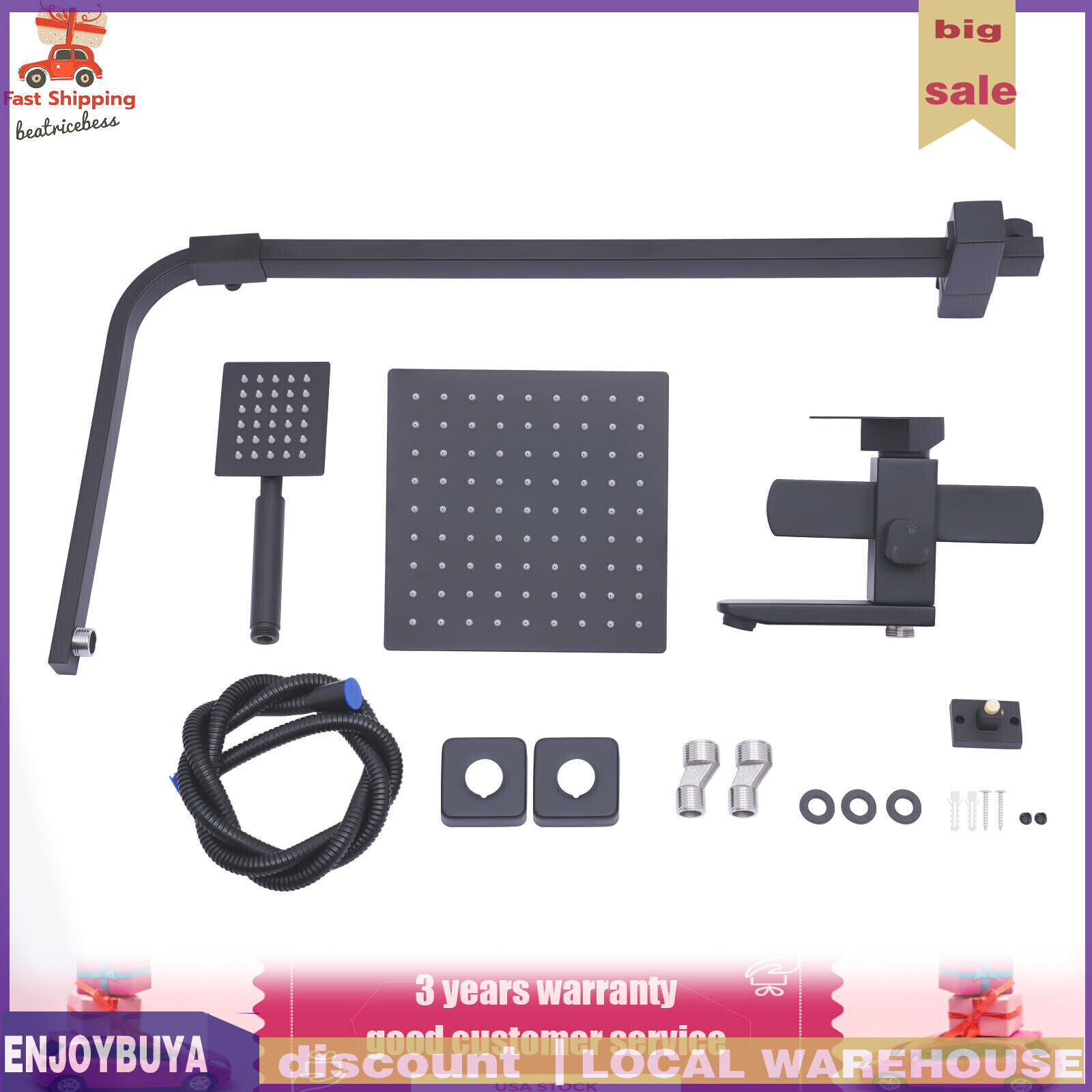 Shower Faucet Set System Rainfall Shower Head Handle Combo Kit Wall Mount Black