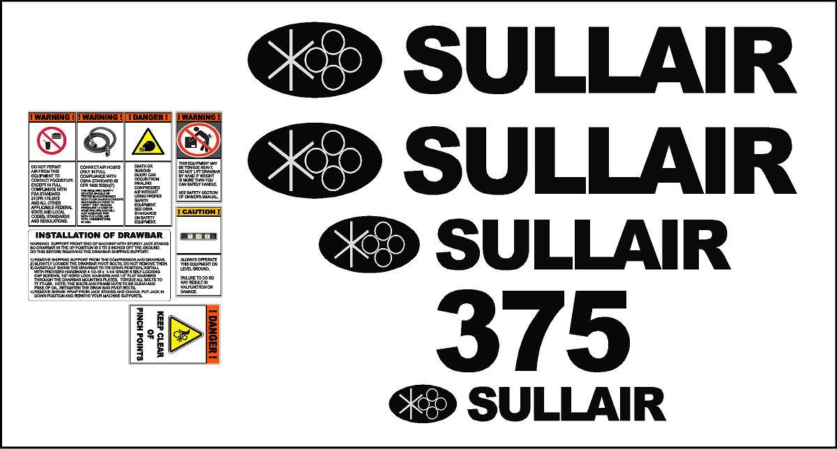 Sullair 375 decal kit with draw bar and safety decals Air Compressor stickers