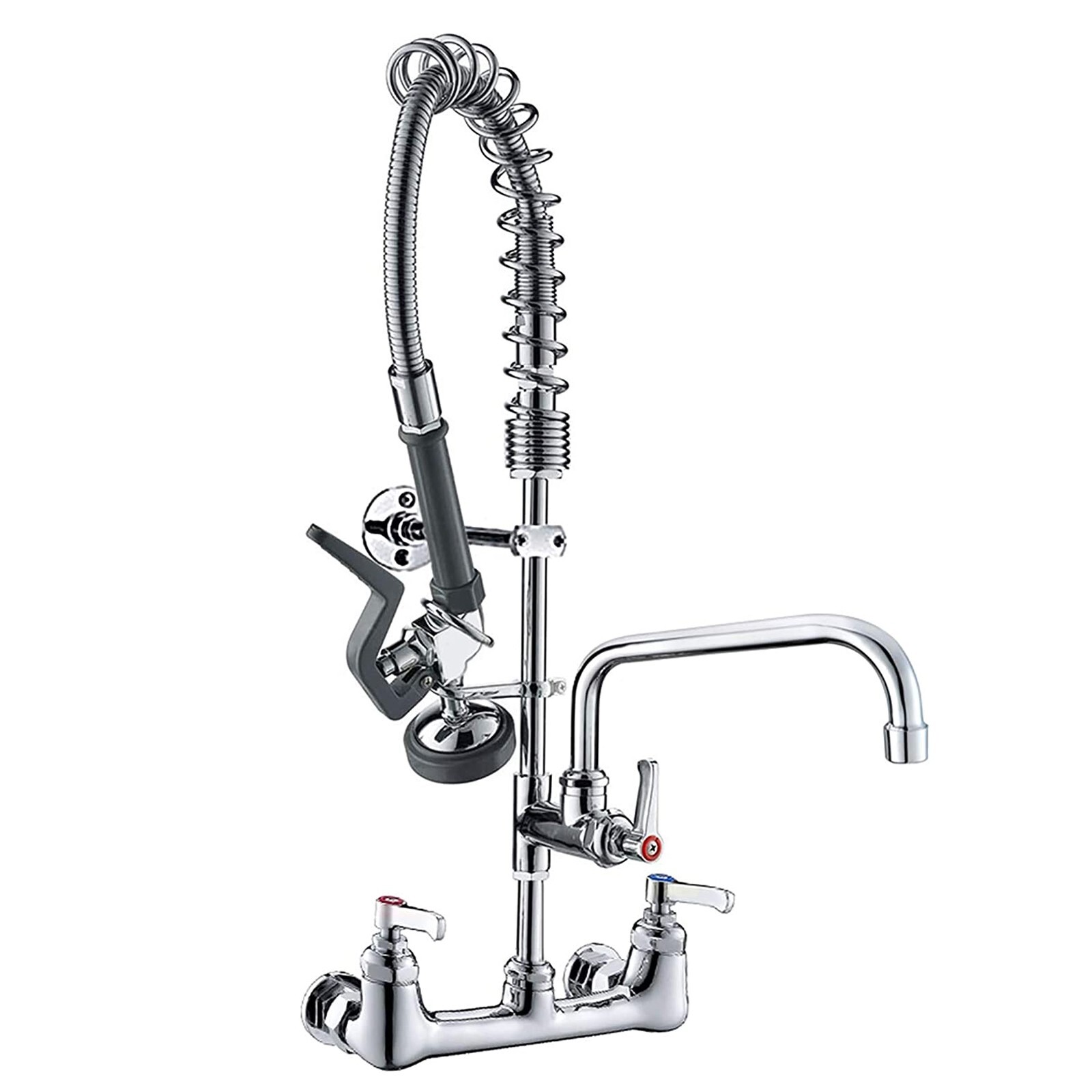 Commercial Wall Mount Kitchen Sink Faucet 8"Center with Spring Pull Down Sprayer