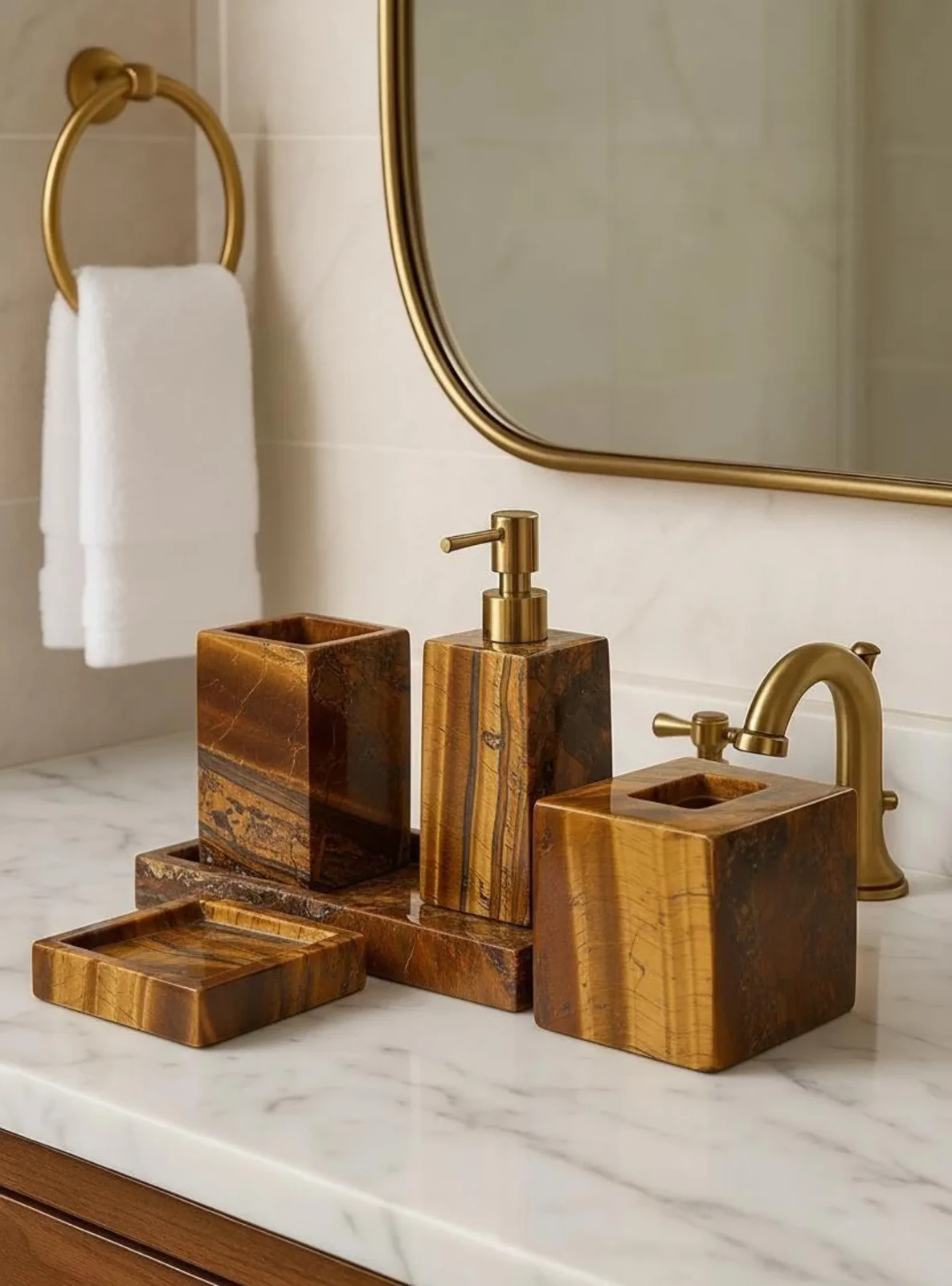 Tiger Eye Stone Bathroom Set of 5 | Luxury Natural Gemstone Bathroom Accessories