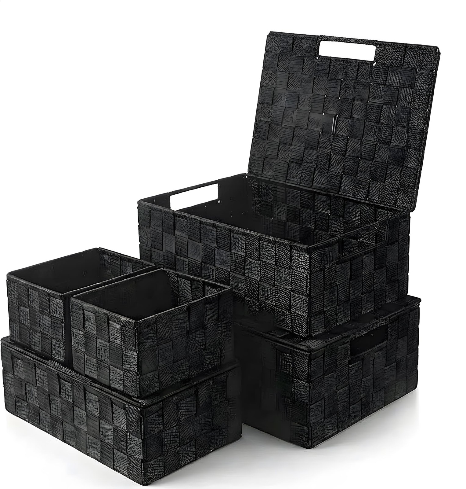 5 Piece Woven Storage Basket Set with Lids, Black Polypropylene Organizer Bin...