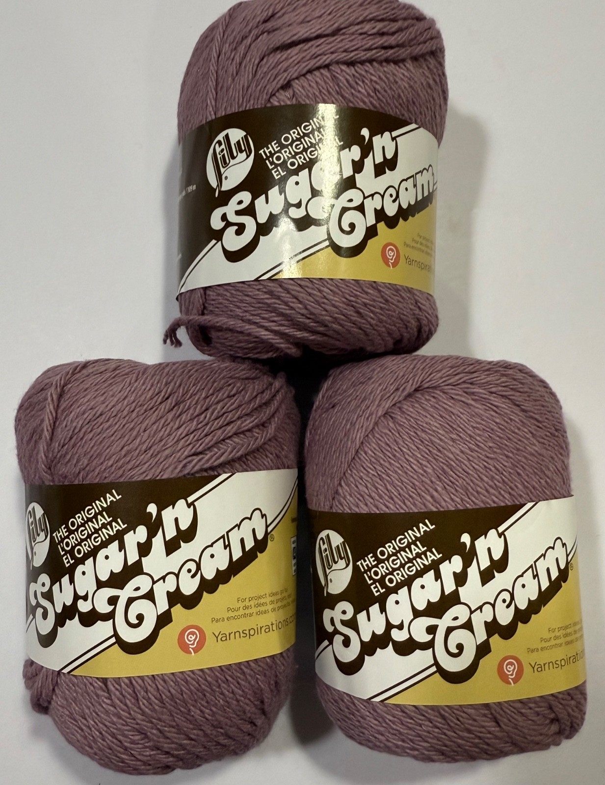 Lily Sugar'N Cream Yarn Skeins Lot of 3 Lilac 102001 Cotton Same Dye Lot
