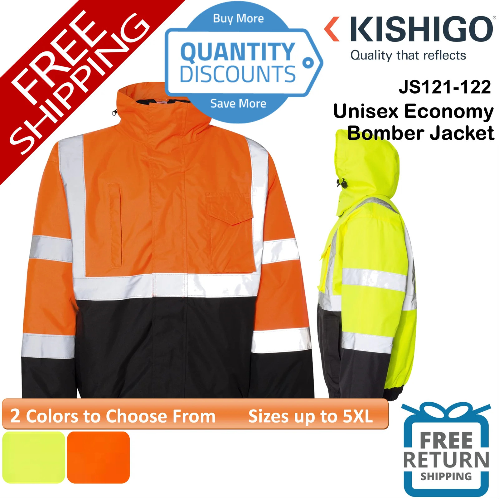 🔥 Kishigo Unisex Economy Bomber Jacket Safety Reflective Up To 5XL JS121-122