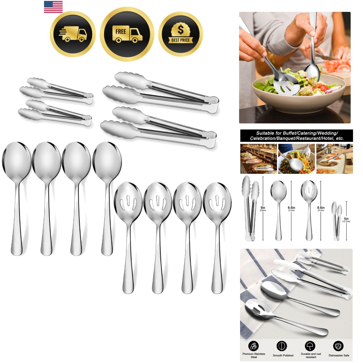 12PCS Stainless Steel Serving Utensils Sets - Large Serving Spoons,Slotted Sp...