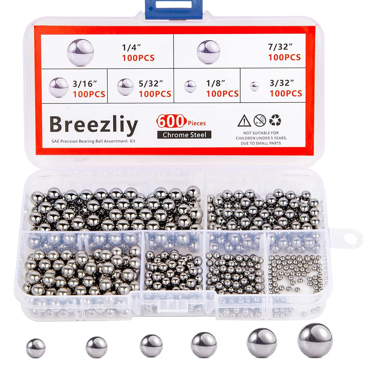 600pcs Bicycle Bearing Balls 6 Sizes 1/4 to 3/32 Loose Steel Ball Bearings Set