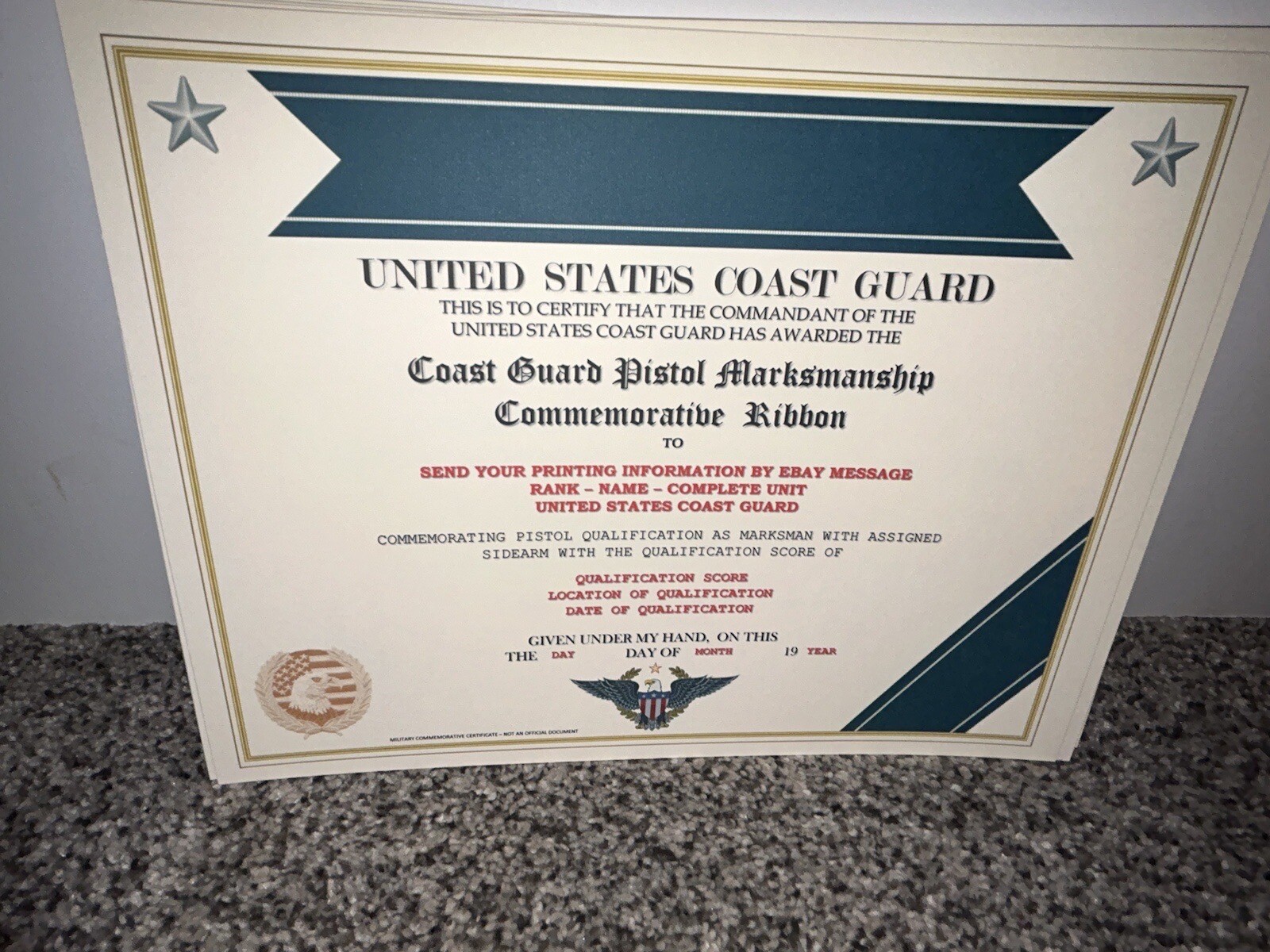 COAST GUARD - PISTOL MARKSMANSHIP COMMEMORATIVE CERTIFICATE ~ W/PRINTING TYPE-1