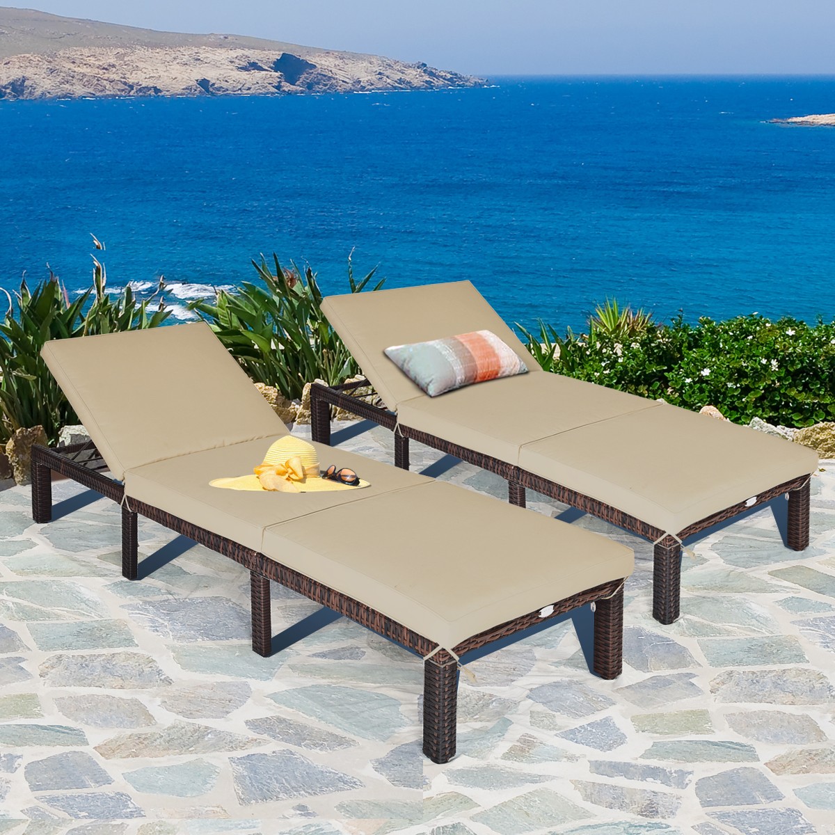 2PCS Outdoor Rattan Lounge Chair Chaise Recliner Adjustable Cushioned Seat Patio