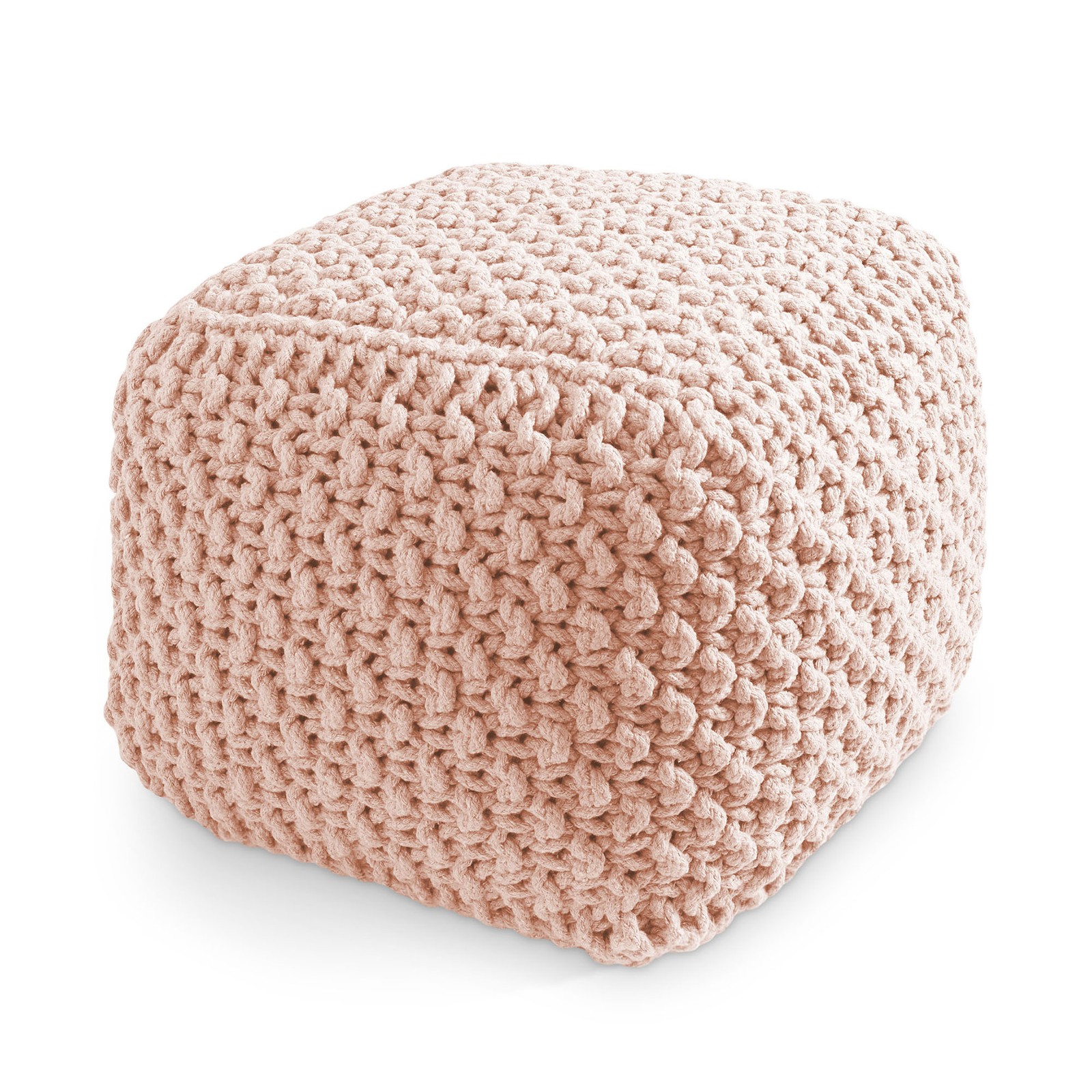 Square Cotton Pouf Ottoman Light Pink, 18.5 x 18.5 x 14.5 Knit Foot Stool Pouffe