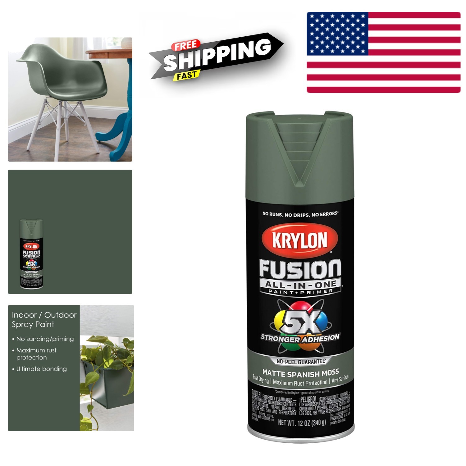 Krylon Fusion All-In-One Spray Paint Spanish Moss Indoor Outdoor Durable Finish