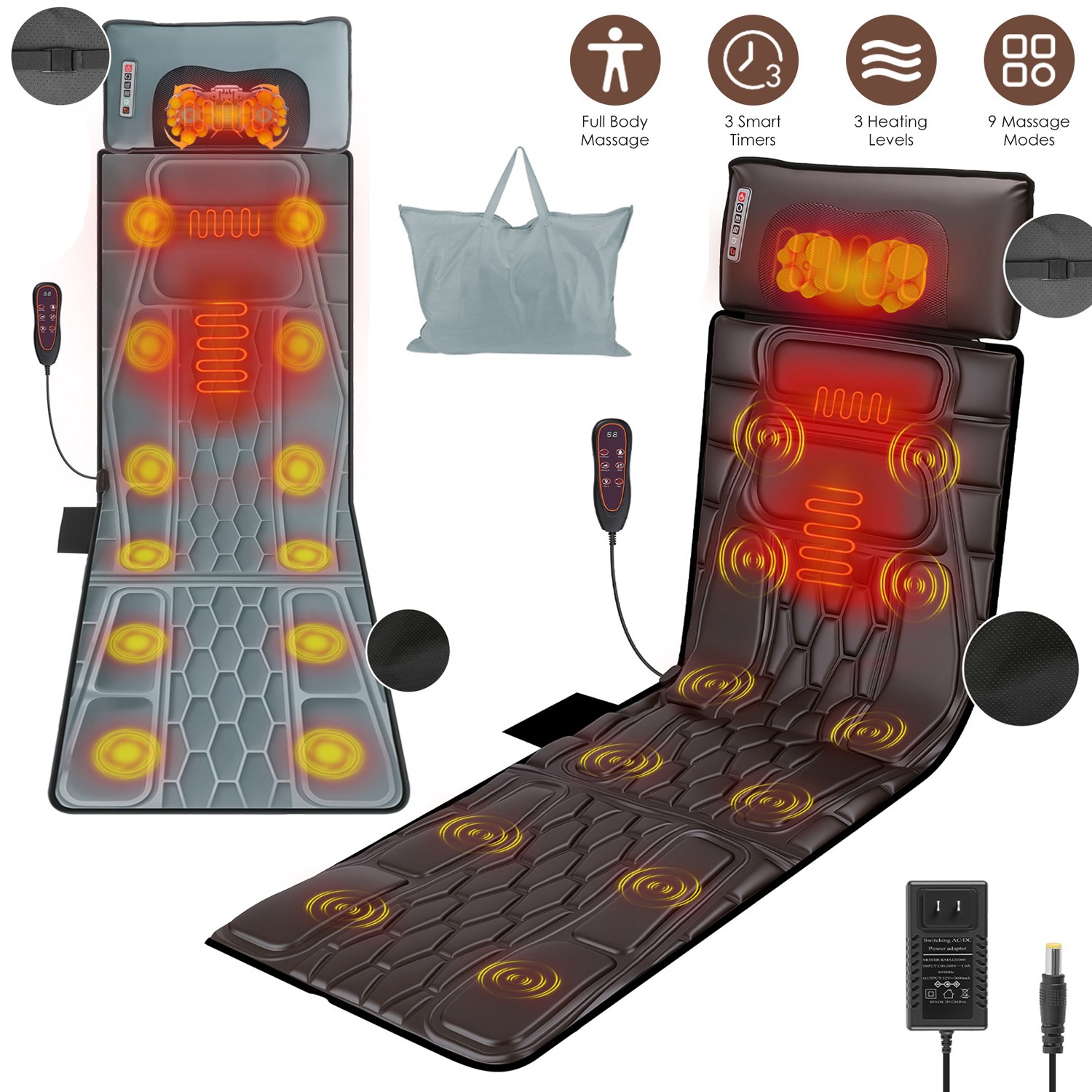 Multifunctional Full Body Massage with Heat Back Massage Mat & Total 20 Nodes