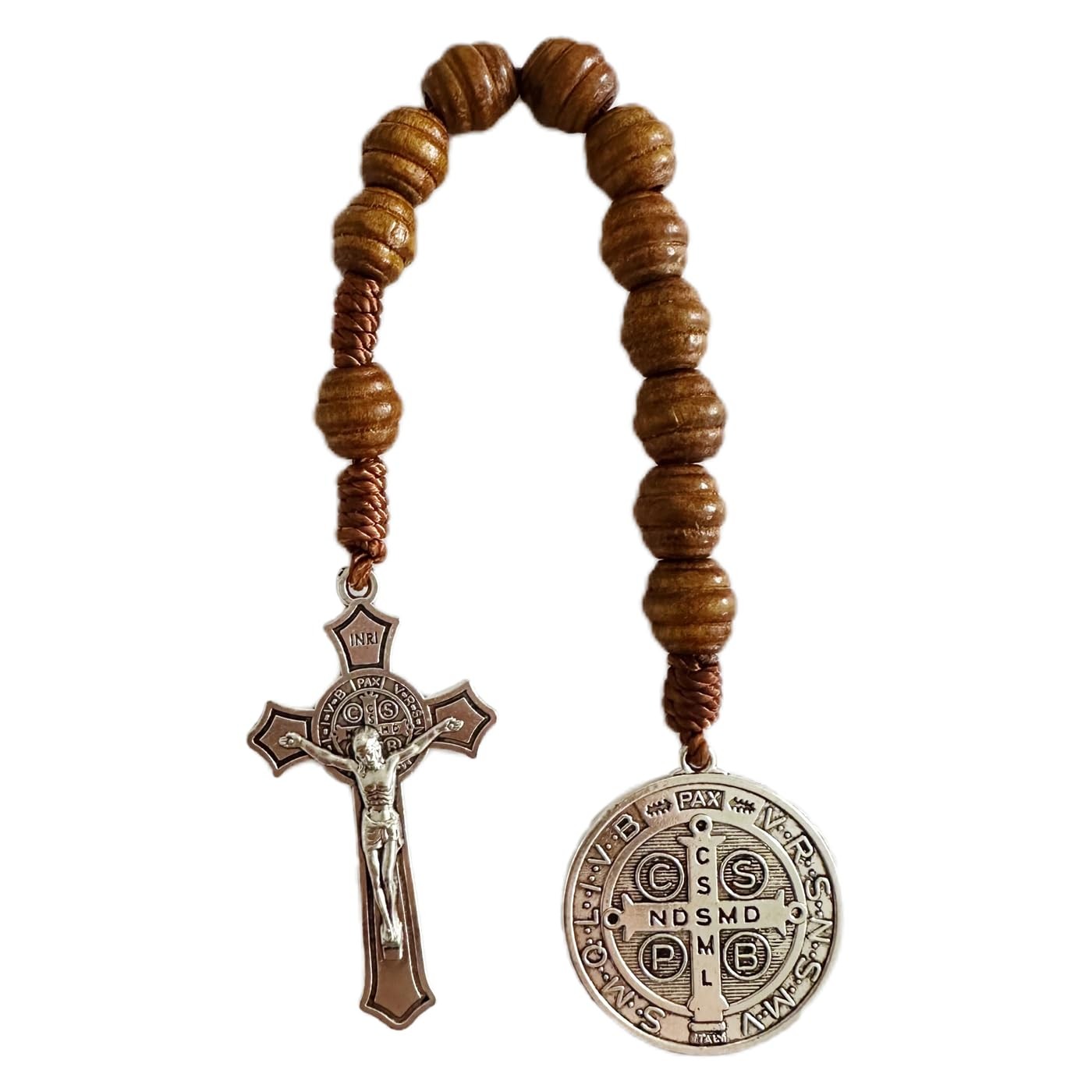 Saint Benedict Medal Prayer Pocket Rosary Catholic Brown Wood Beads with Meda...