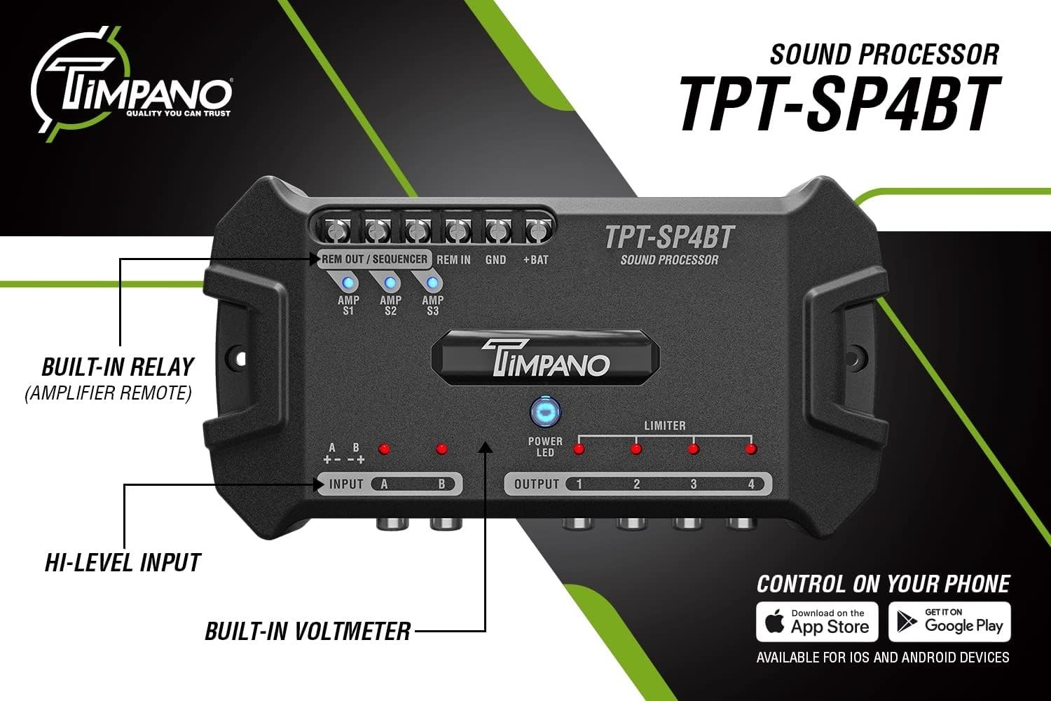 Bluetooth DSP Car Audio Processor - 4CH Digital Signal, Voltmeter, App Control