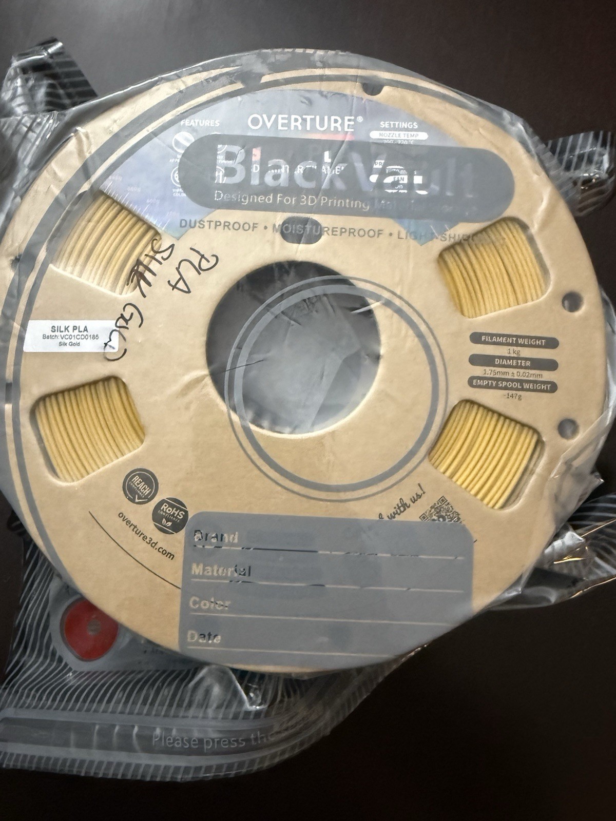 Overture Silk PLA Filament- SIlk Gold- 1 kg roll See Description