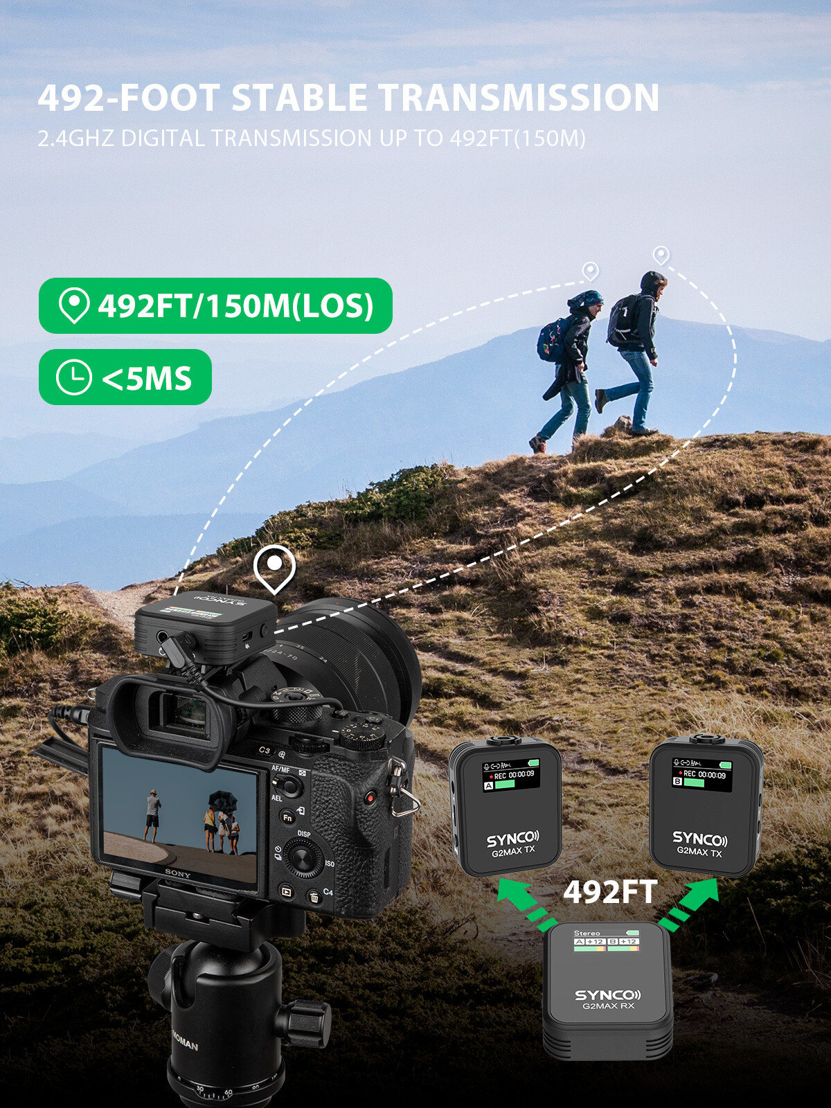 SYNCO G2A2 MAX Wireless Lavalier Microphone 2.4GHz 492FT 8H for Vlog Recording