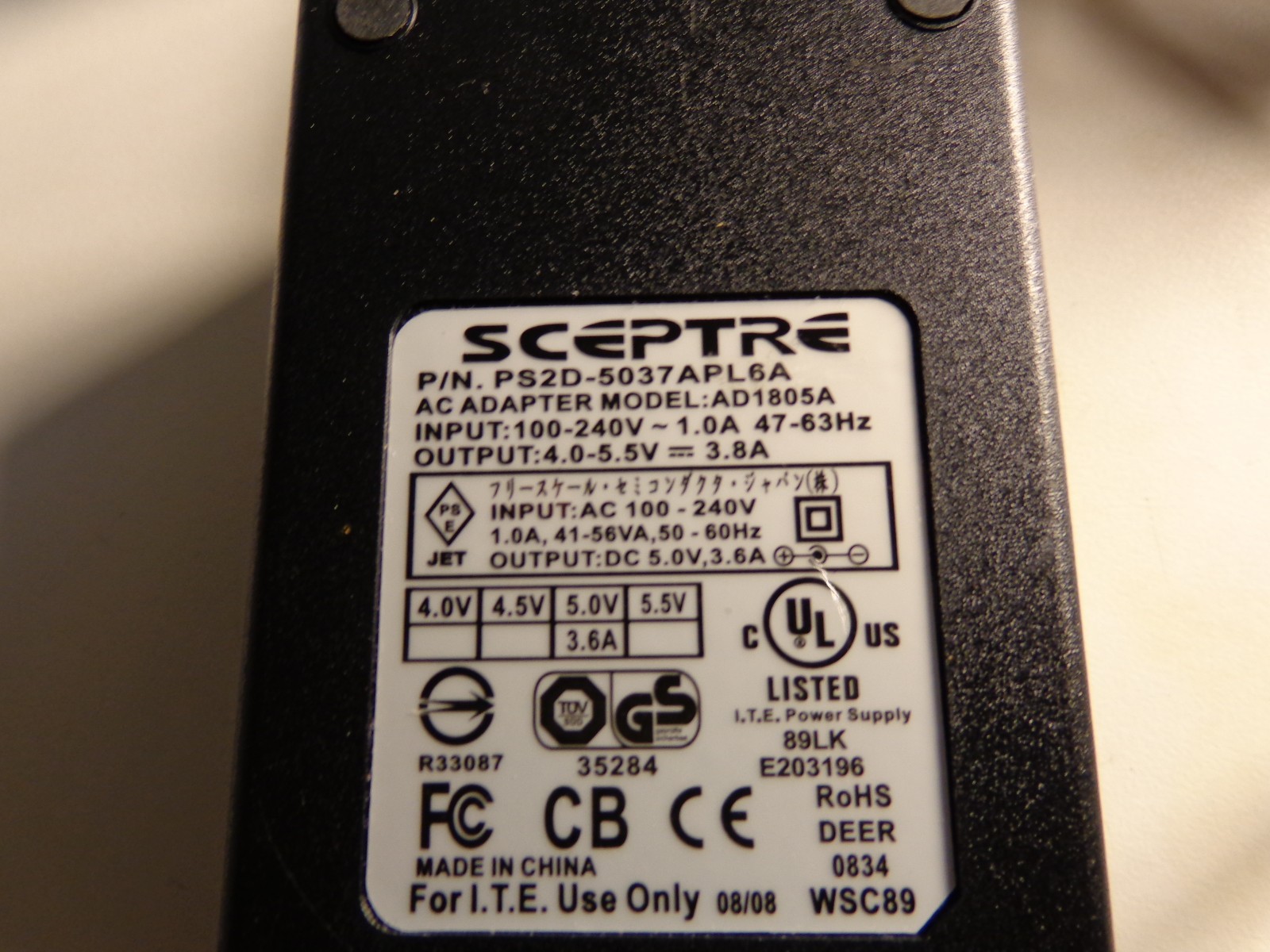 SCEPTRE POWER ADAPTER AD1805A P/N PS2D-5037APL6A  O/P 4.0-5.5  3.8A