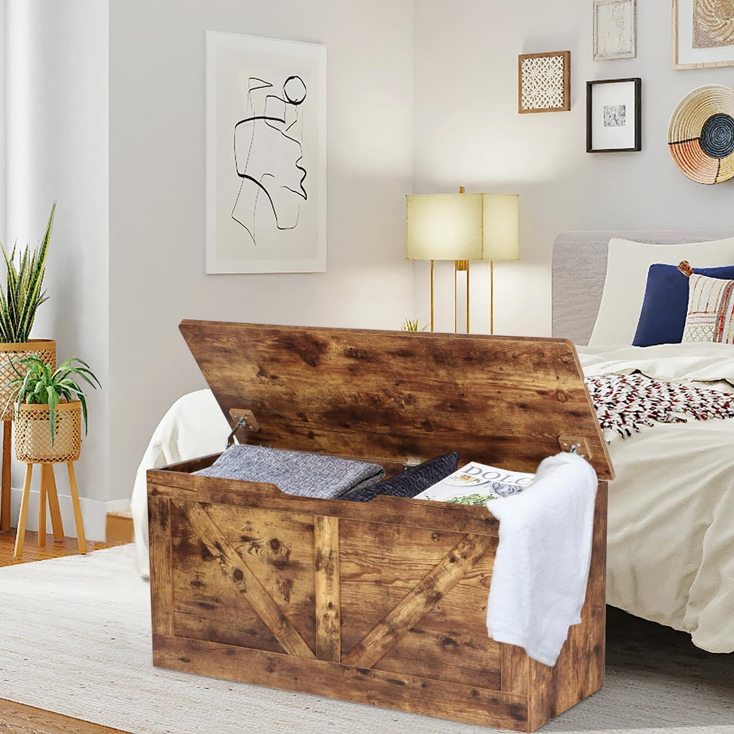 39.4" Storage Chest, Wooden Bench, Large Trunk Rustic Brown