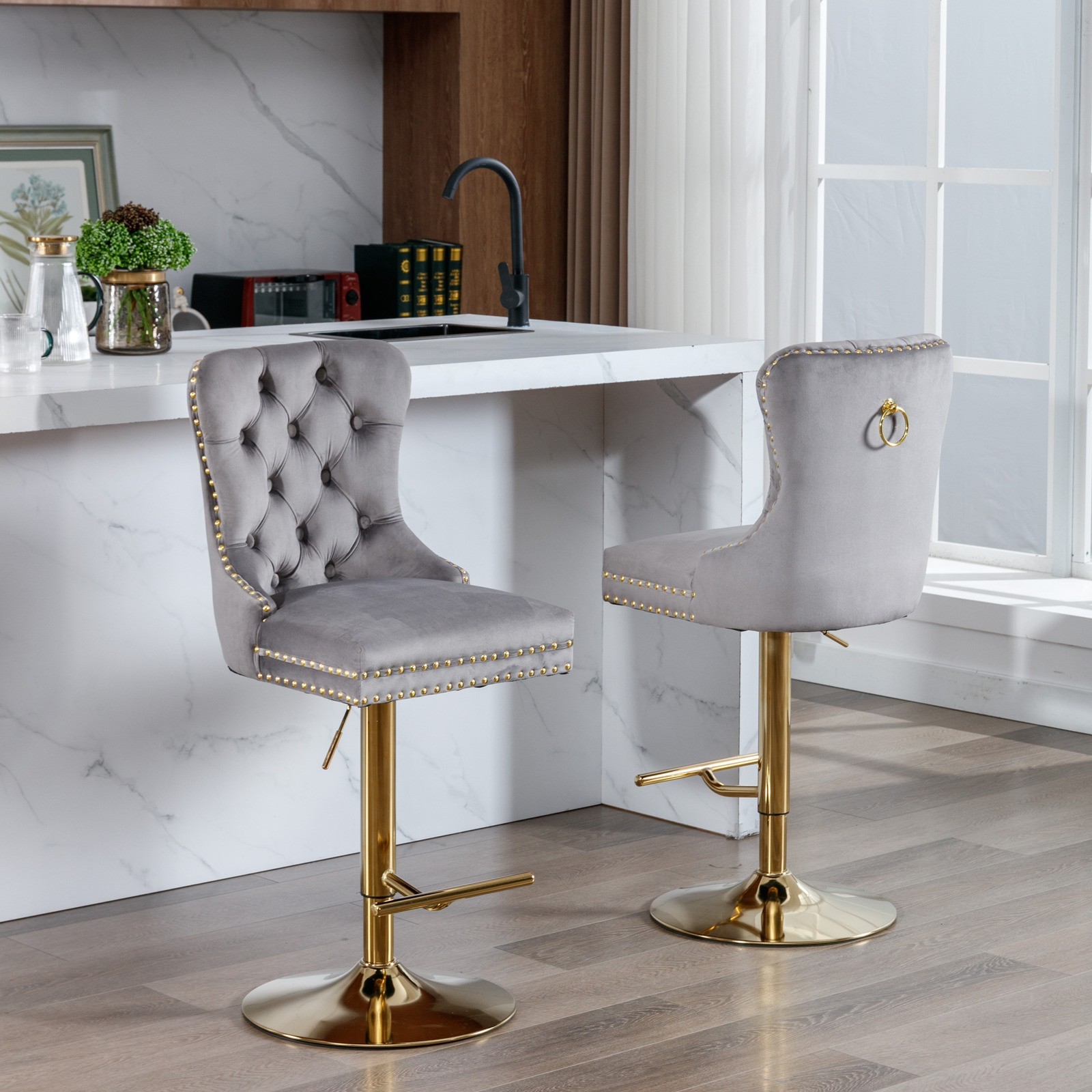 A&A Furniture Golden Swivel Velvet Barstools - Adjustable (27-35"), Tufted