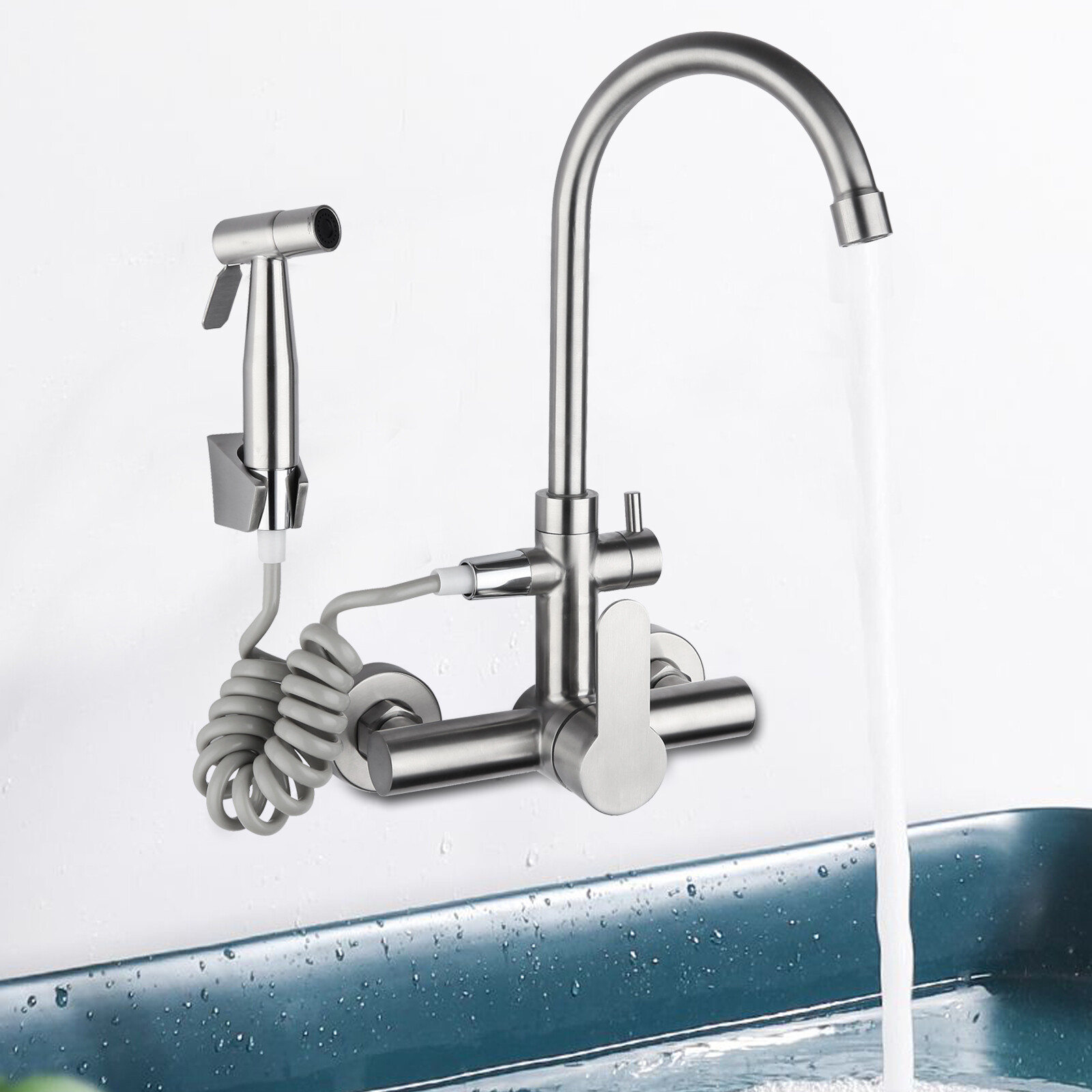Stainless Steel Commercial Sink Faucet Wall Mount 360°Rotation Kitchen Faucet US