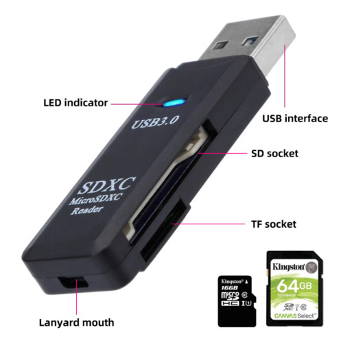 USB 3.0 2-in-1 SD/Micro SD Card Reader High Speed for Phone Camera Memory Card