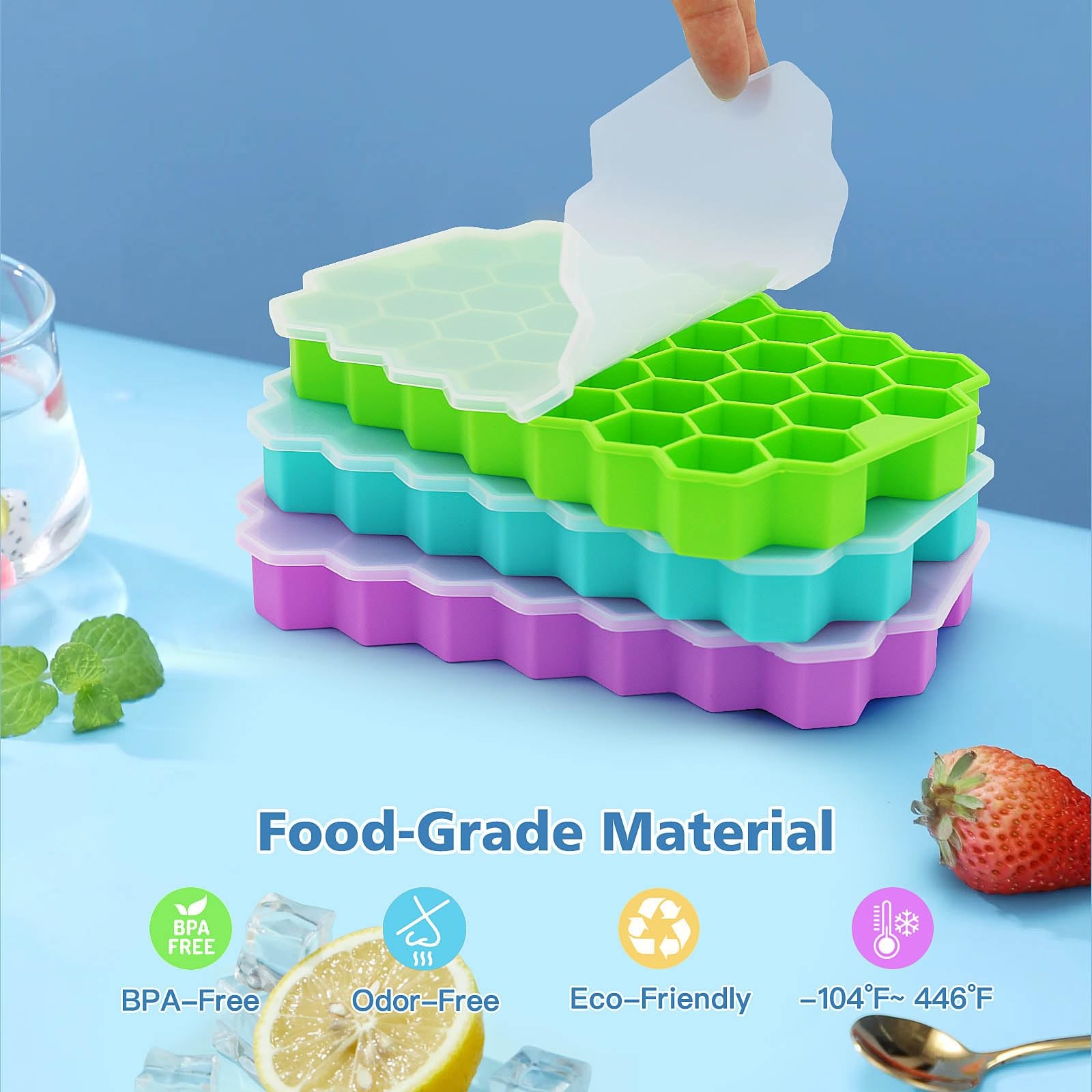 Ice Cube Trays for Freezer, 3 Pack Ice Cube Tray with Lid, Silicone Ice Cube ...