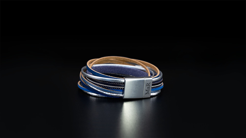 Leather Bracelet Silver beads / Navy Blue