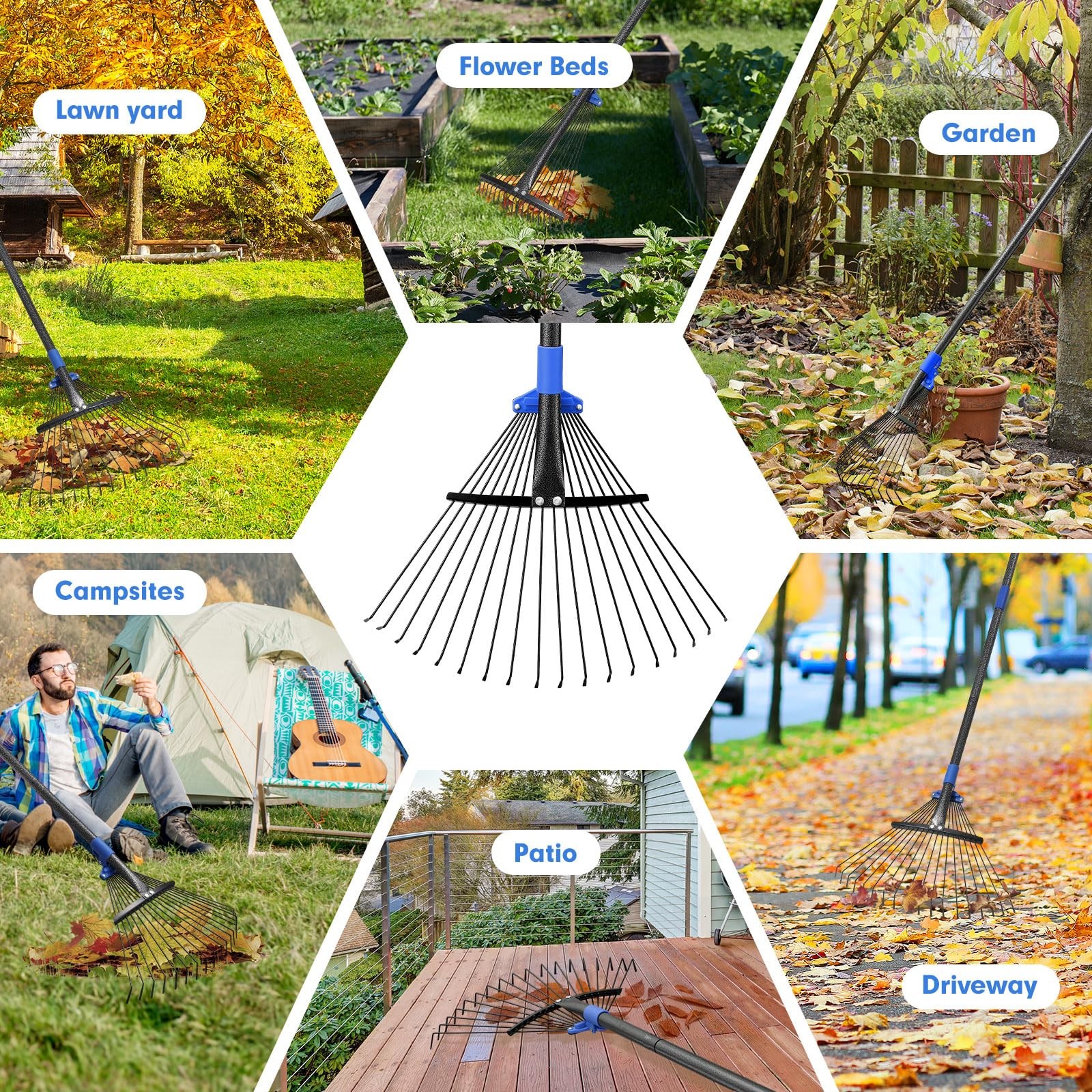 Adjustable Garden Rake for Leaves-Heavy Duty Metal Rake with 8-17" Expandable...
