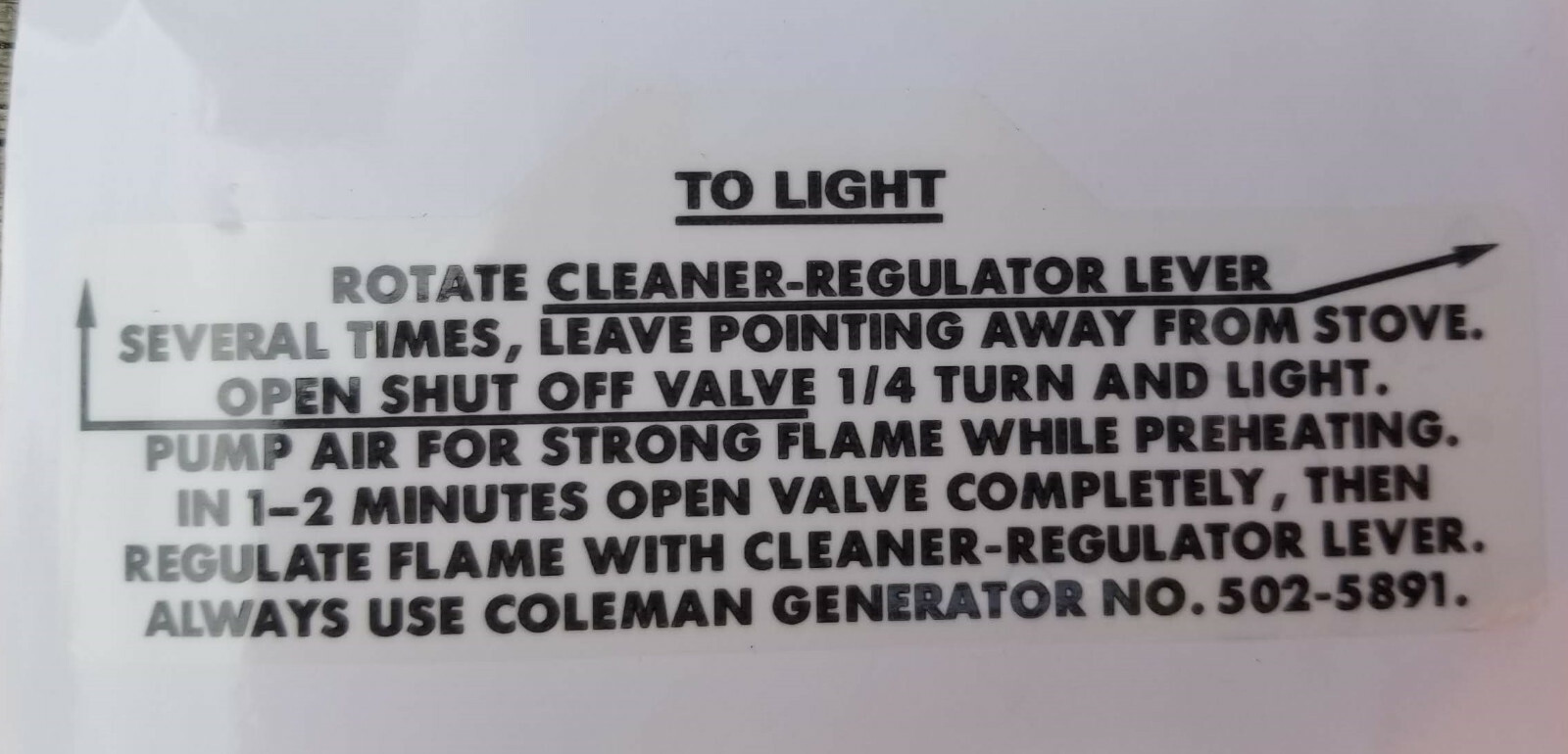 ONE BRAND NEW COLEMAN 502 STOVE REAR LIGHTING INSTRUCTION STICKER DECAL BLACK