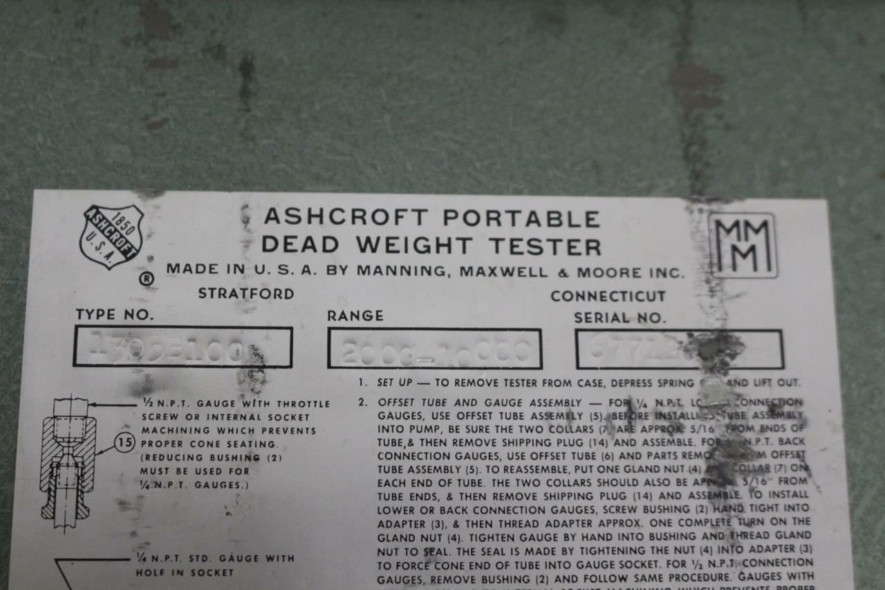 Ametek Model T Dead Weight Tester w/ Ashcroft 1305B100, 2000-10000 Range Weights