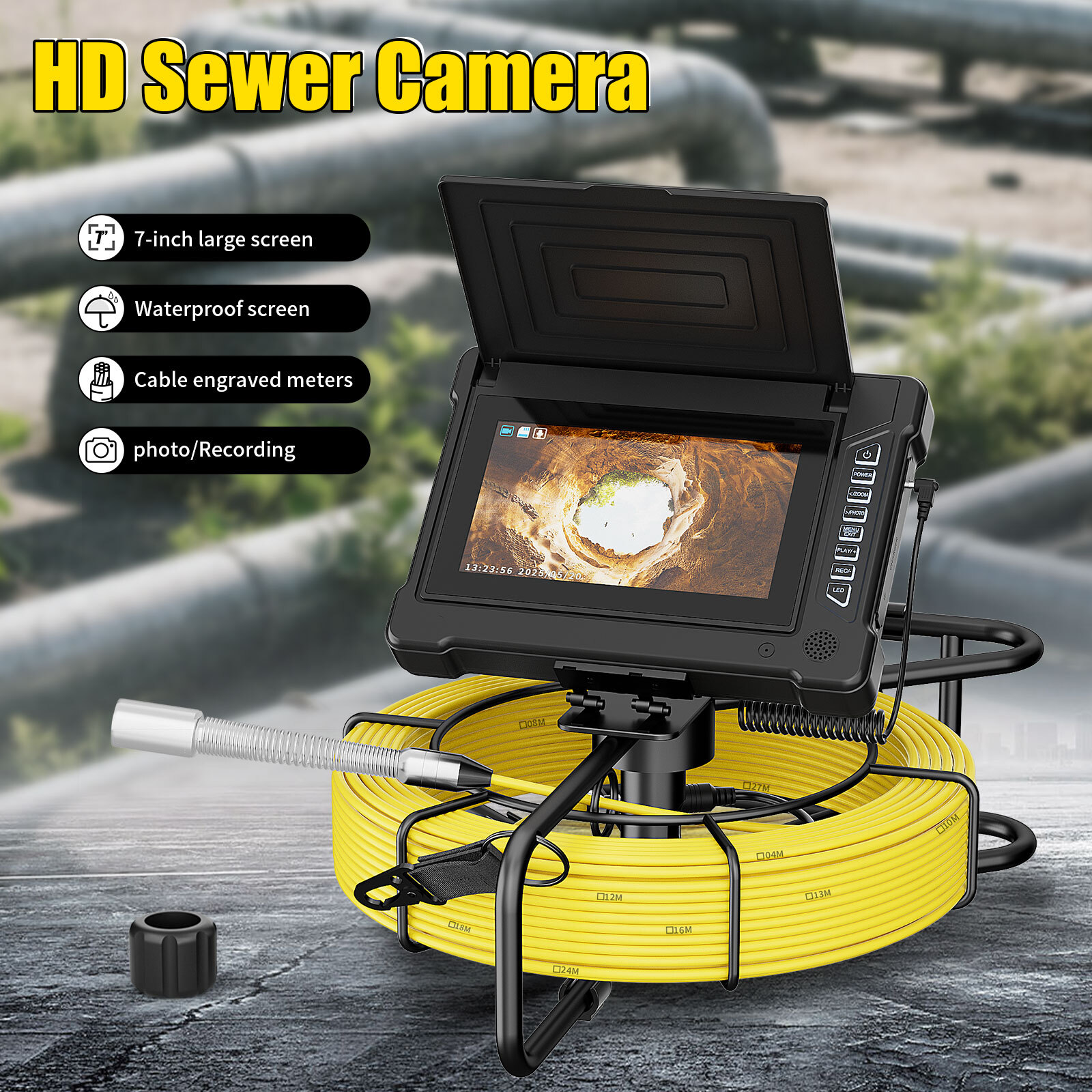 30m Sewer Pipe Inspection Camera 23mm Drain Industrial Endoscope 7" Monitor