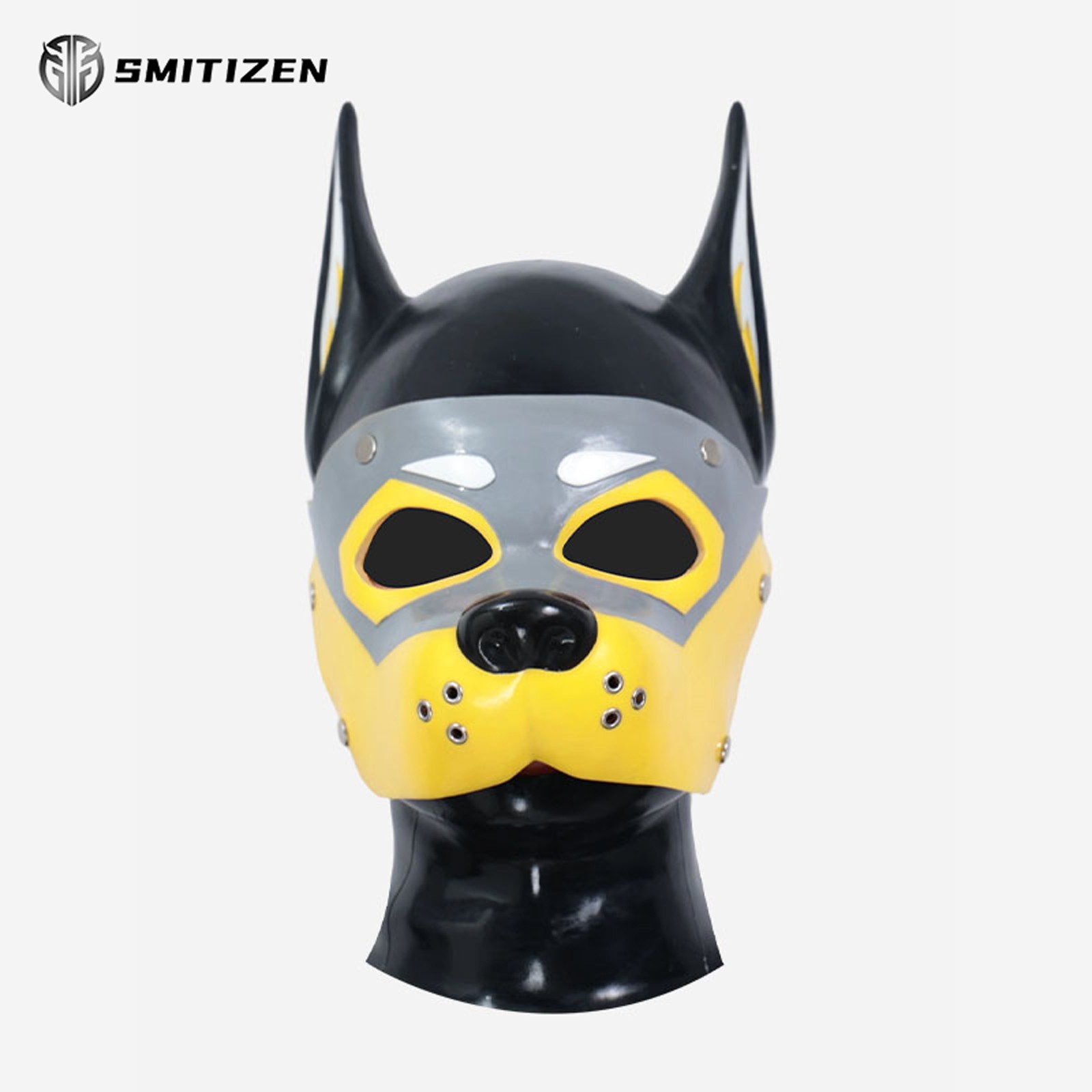 Smitizen Silicone Black Glossy Muzzle Puppy Hood with Grey Cover Mask for Fetish