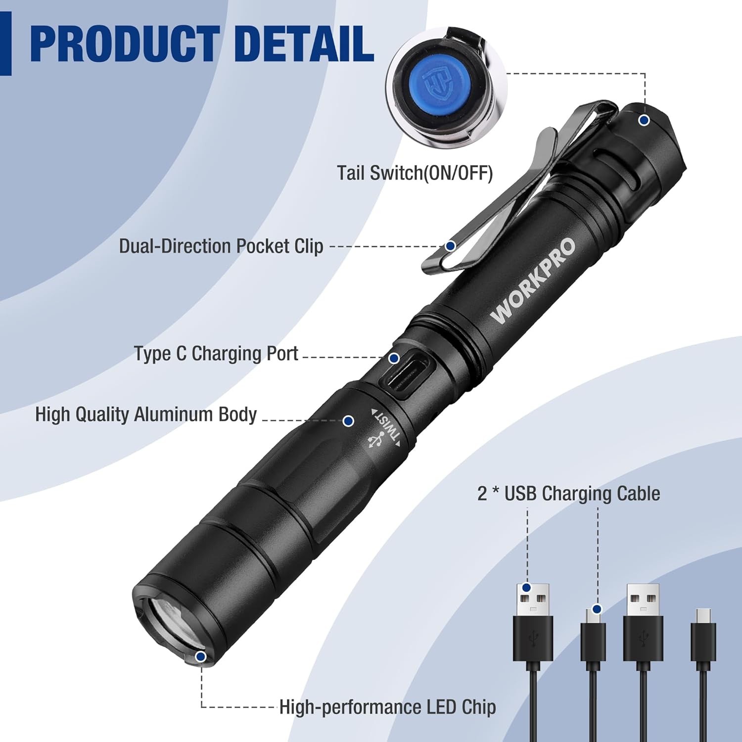 Rechargeable Pen Light, Mini Flashlight 2 Pack Pocket Flashlight 2 x USB C Cable