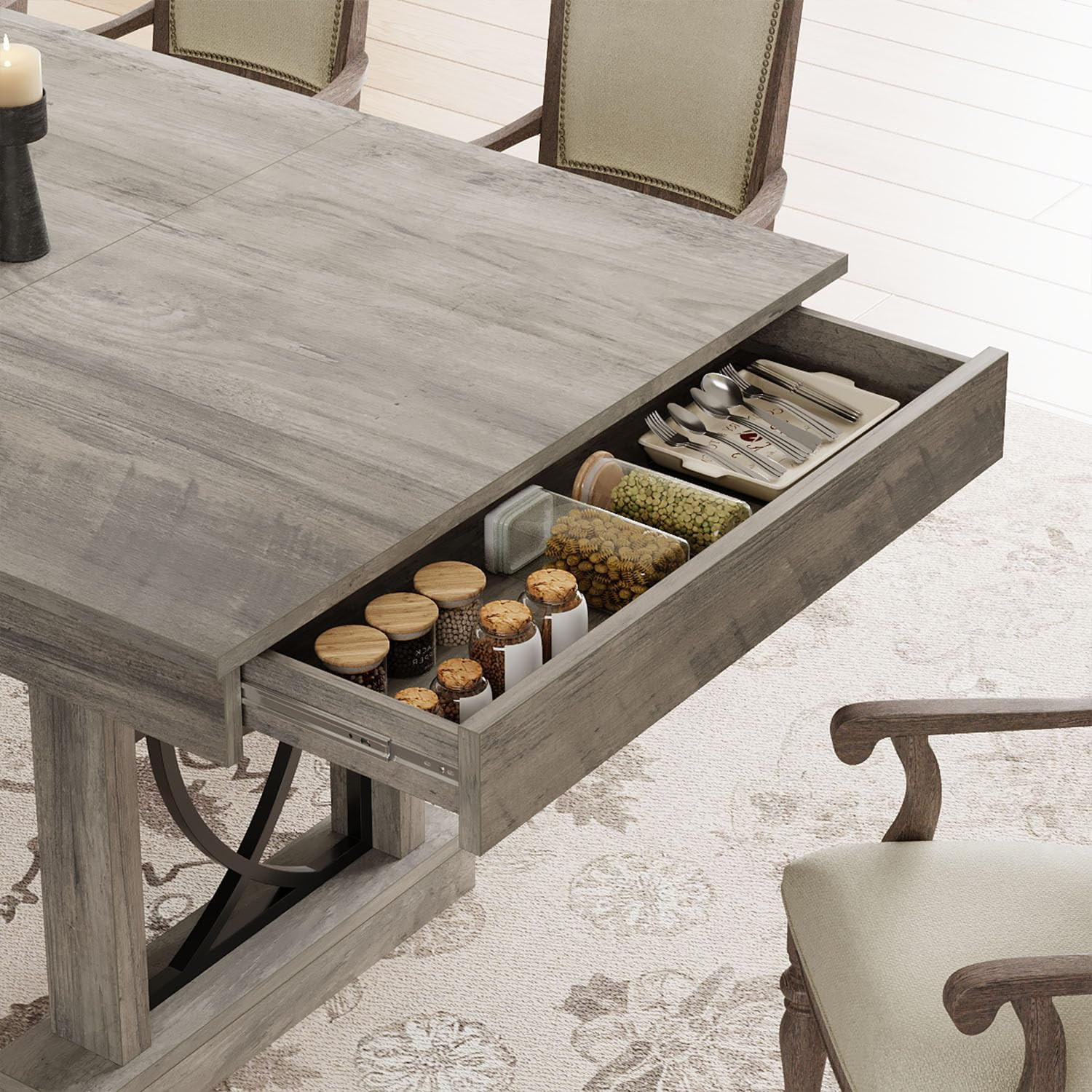 Rustic Gray Wooden Dining Table for 6-8 with 2 Large Drawers, 71" Long