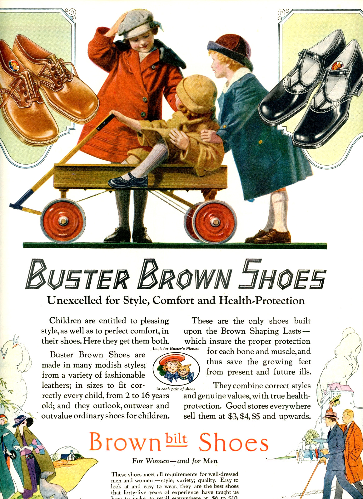 1934 Original Buster Brown Shoes Ad. Kids & Coaster Wagon. Lg Page. St Louis MO
