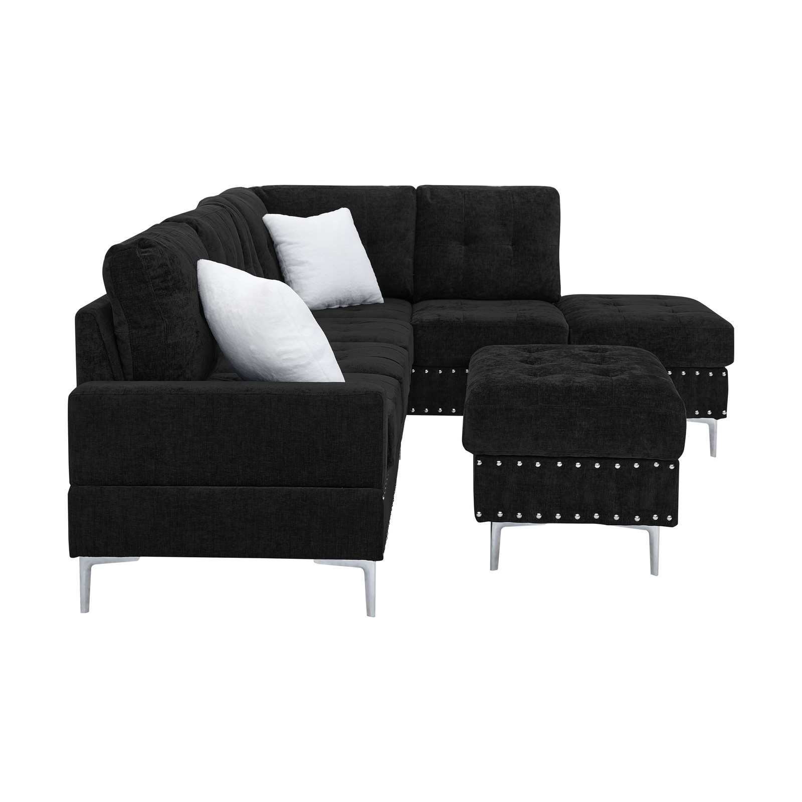 Sectional 3-Seaters Sofa with Chaise, Storage Ottoman, Metal Legs and Copper Na