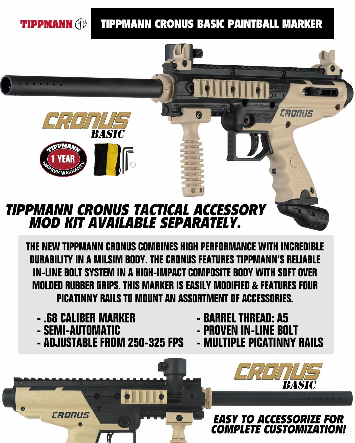 Maddog Tippmann Cronus Basic Silver CO2 Paintball Gun Starter Package Black Tan