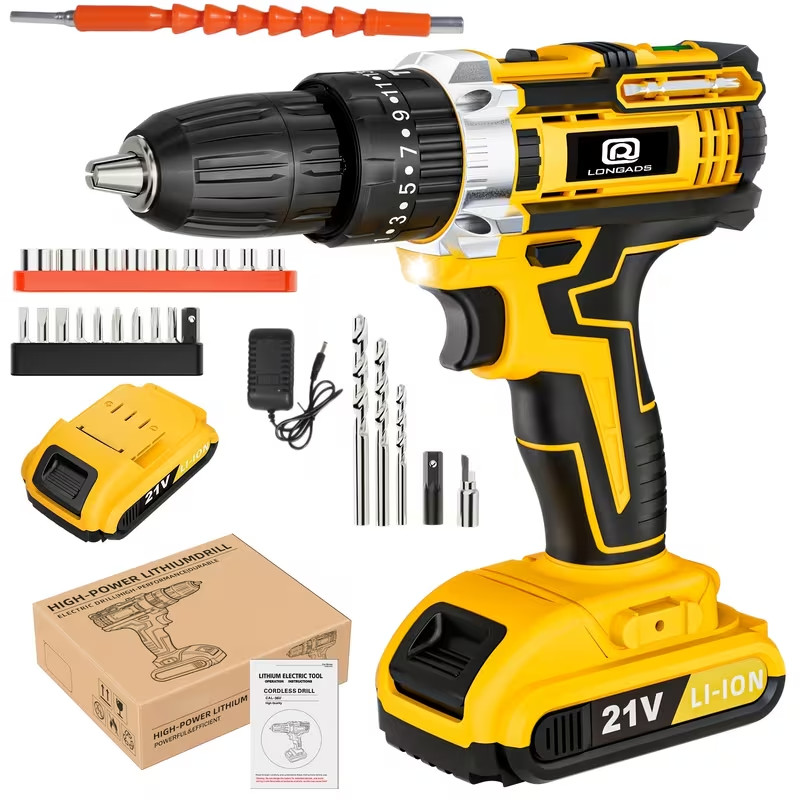21V Cordless Drill Driver Kit Electric Power Drill w/ Battery Charger & Bits