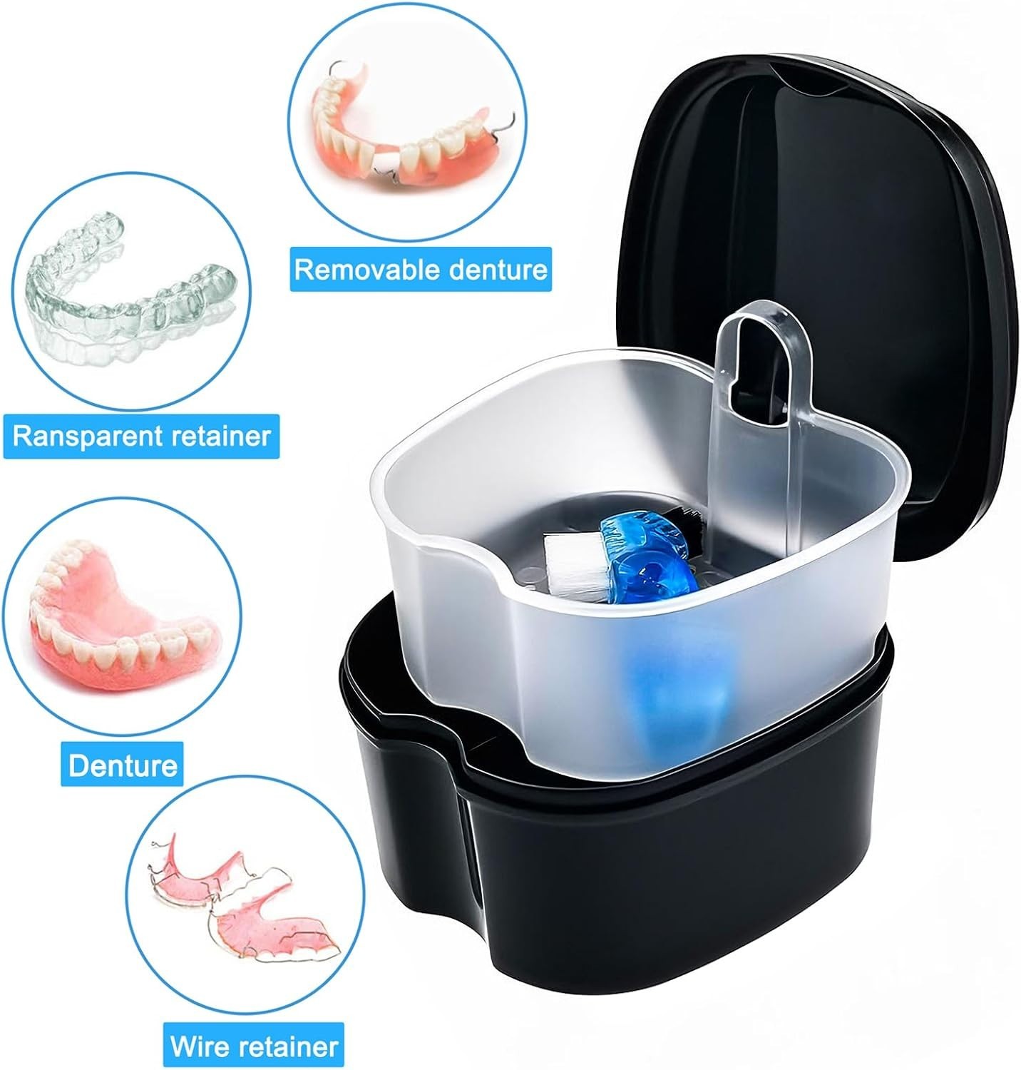 Elegant Black Denture Soaking Container with Strainer - Waterproof & Compact