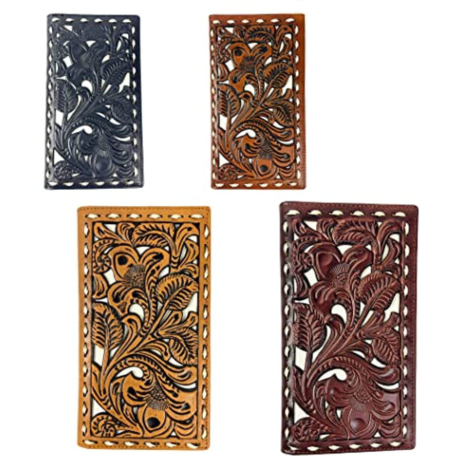 Western Cowboy Leather Long Wallets for Men Checkbook Tooled Wallet Floral Bifol