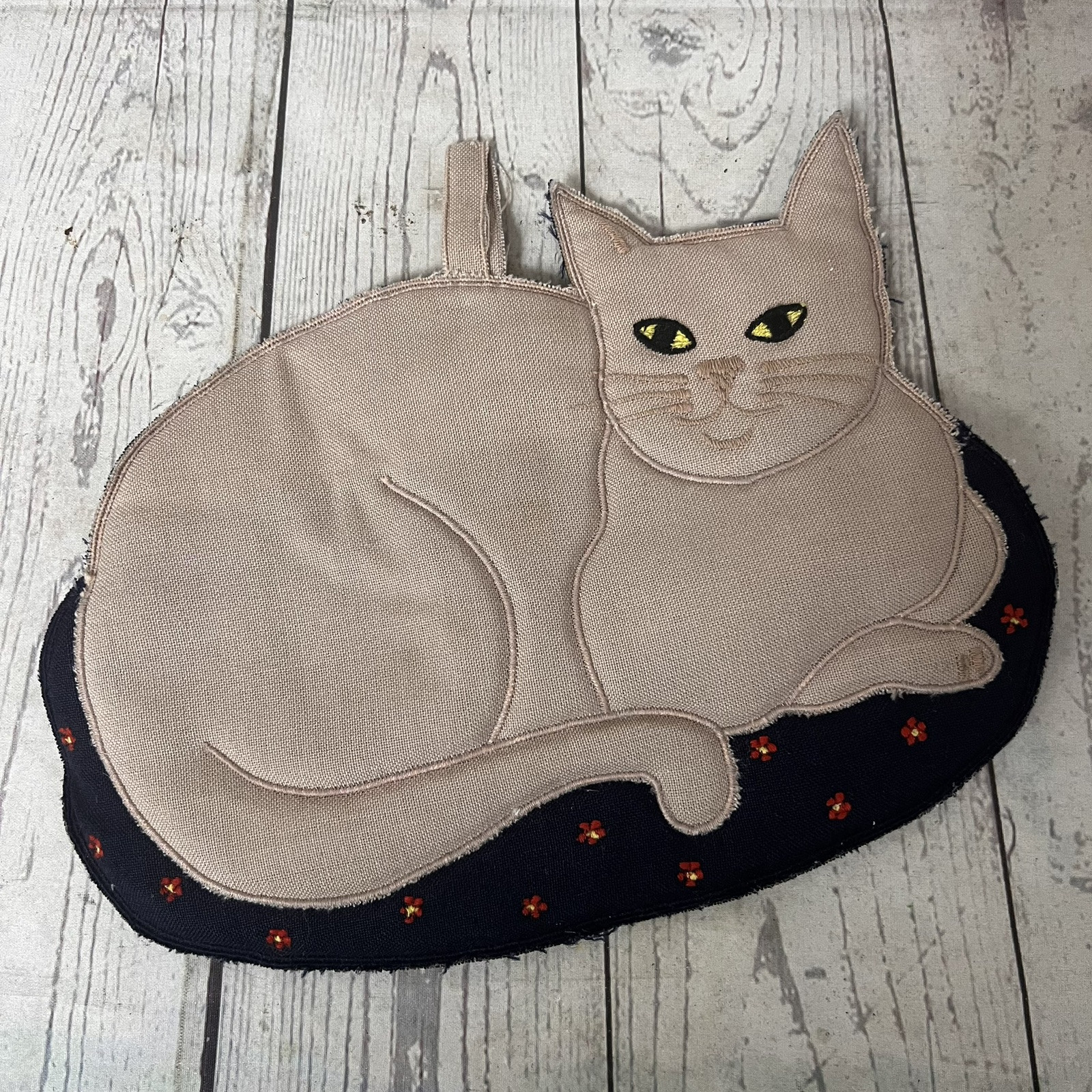 Vintage Kitchen Gray Cat Potholder Laying On Navy Cushion